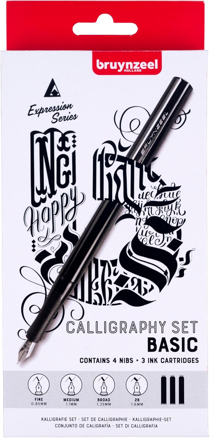 Bruynzeel Calligraphy Set Basic | Calligraphy for Beginners | Fountain Pen Set with 4 Nibs, 3 Black Ink Cartridges and Ink Converter + Instructions (English language not guaranteed)