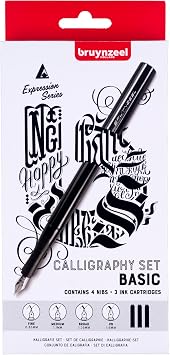 Bruynzeel Basic Calligraphy Set | Beginner Calligraphy | Fountain Pen Set with 4 Nibs, 3 Black Ink Cartridges, Ink Converter + Instructions