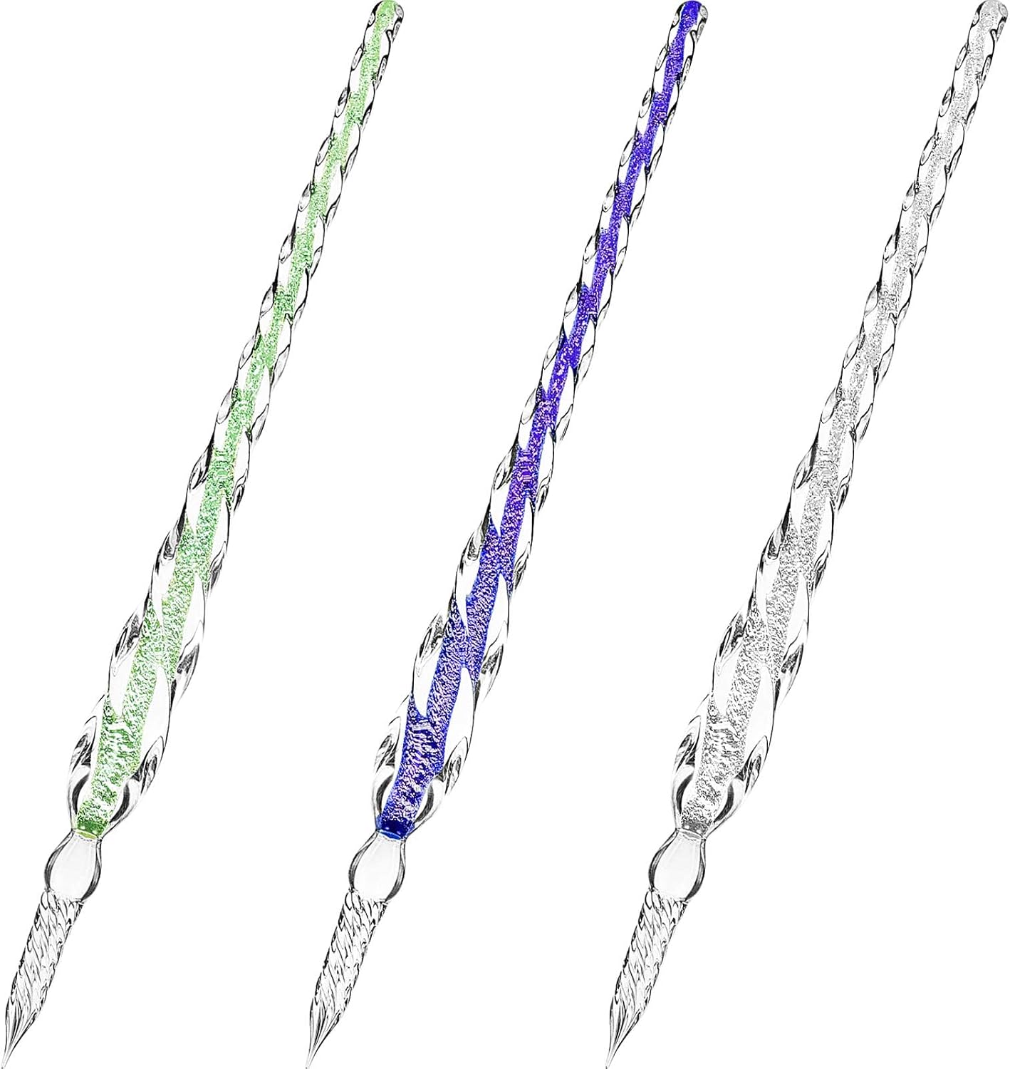 Zonon 3 Pieces Handmade Glass Dip Pen, High Borosilicate Glass Elegant Crystal Glass Pen for Writing, Drawing, Signatures, Calligraphy, Decoration (Silvery, Blue, Ice Green)