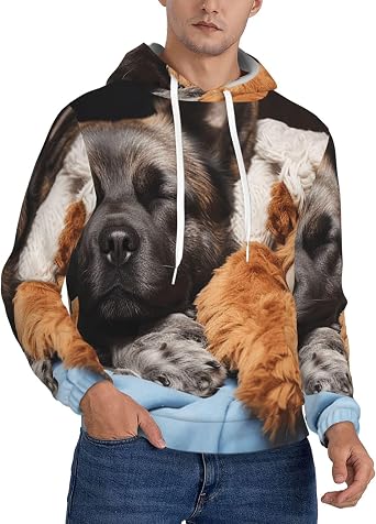 Mens Fleece Pullover Hoodie Long Sleeve Hooded dog Sleeping with Bear Sweatshirt Casual Shirts With Pockets