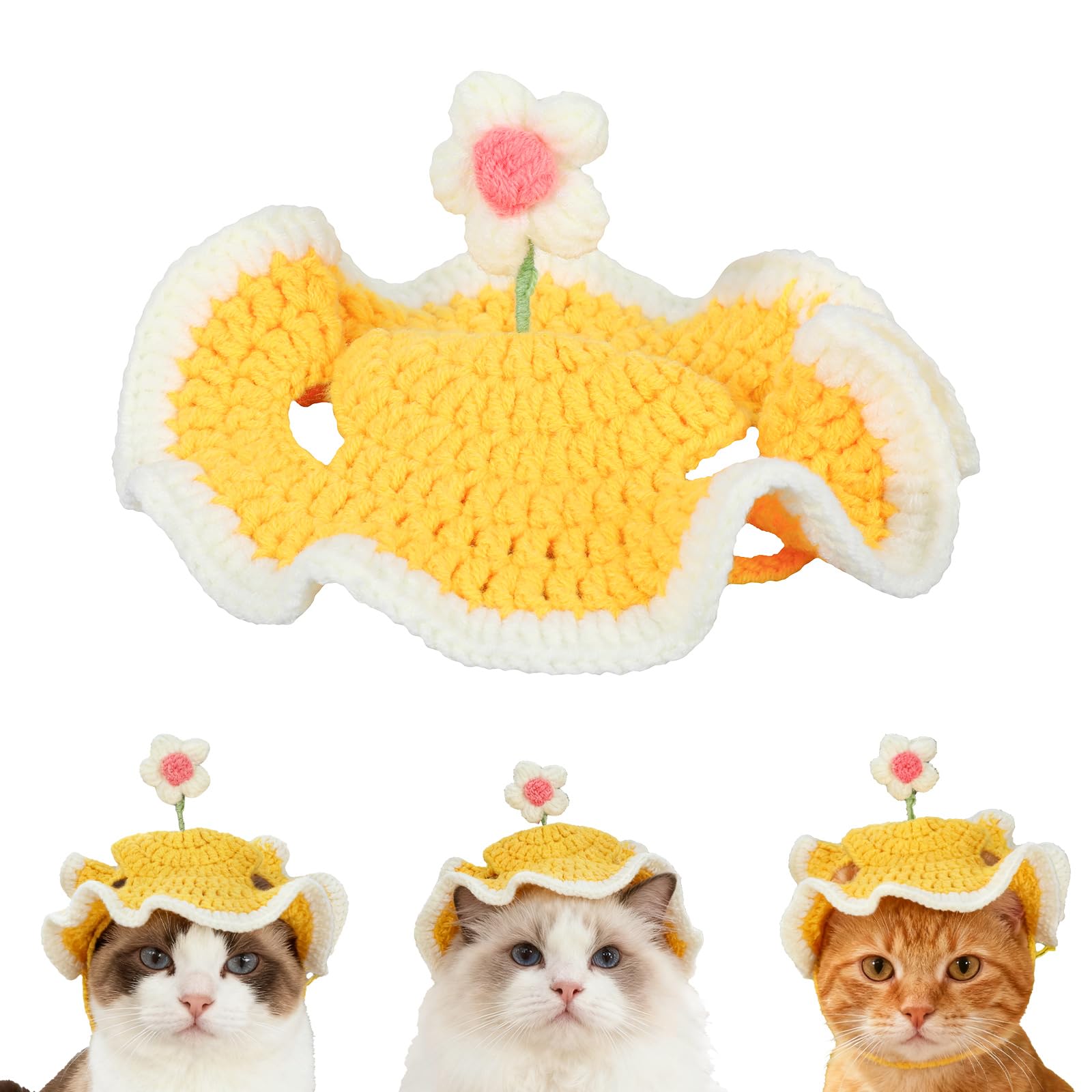 Chapeau d'anniversaire pour Chat avec Trous Oreilles, Ajustable Chapeau Chat Tricoté avec Mignon Design Fleur Dressée pour Fête d'anniversaire Vacances Séances Photo (Jaune)