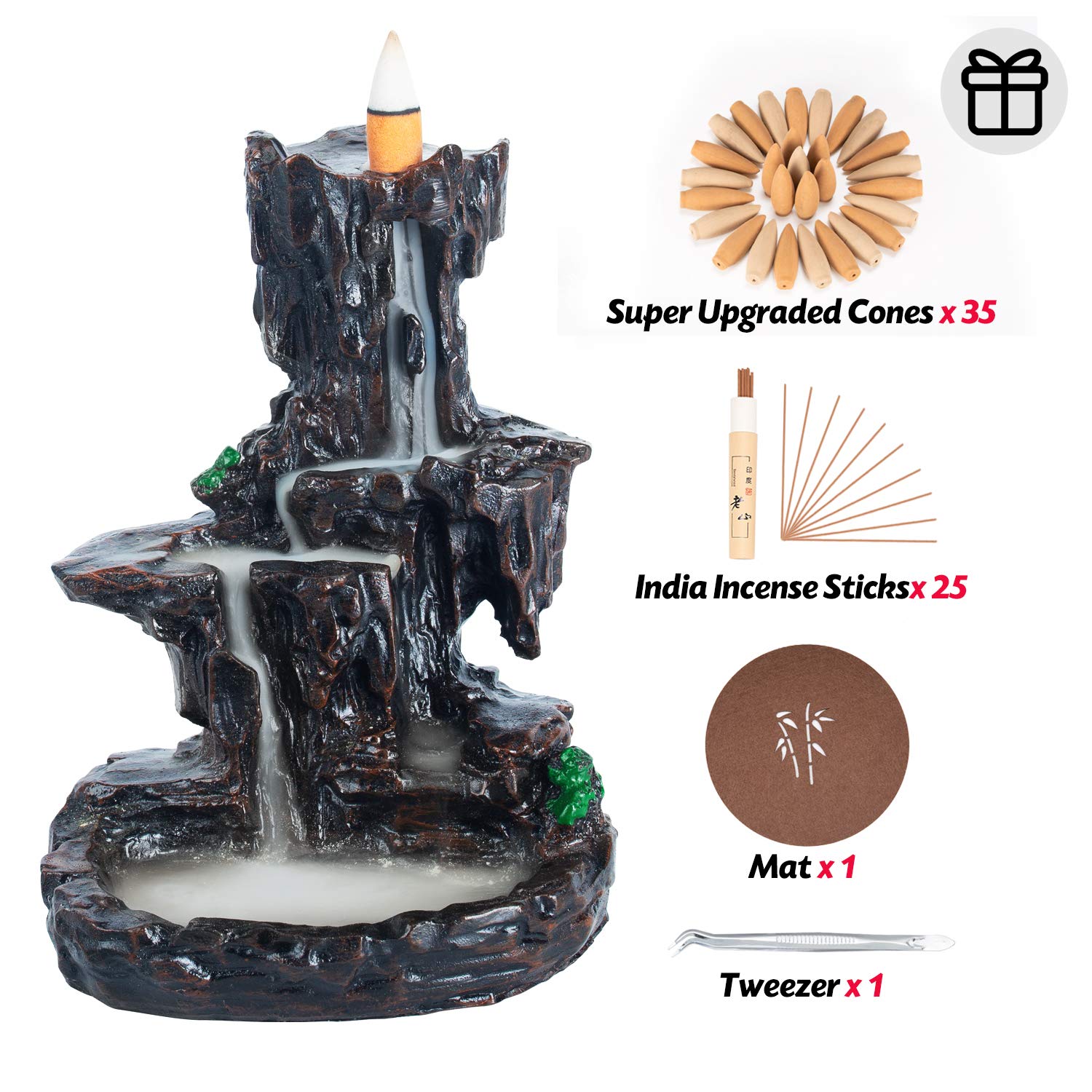 Incense Waterfall Burner Backflow Mountain River Incense Holder by DAILYLIFE, Home Decor Aromatherapy Ornament with 120 Upgraded Backflow Incense Cones + 30 Incense Sticks + 1 Cushion + 1 Tweezers