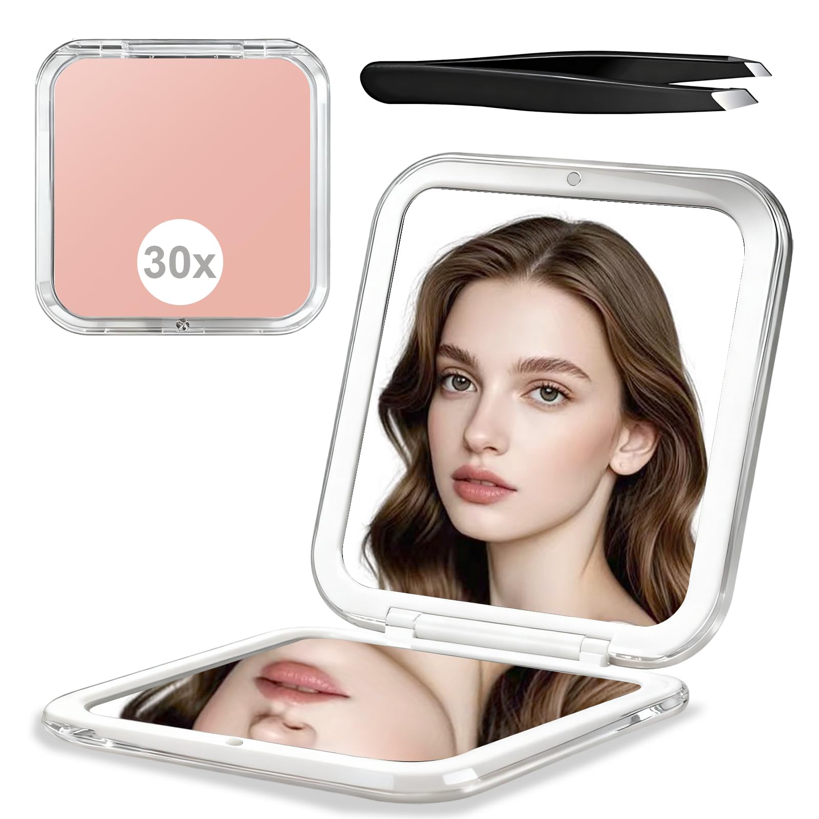 Specchio Ingranditore 30X,Doppio Lato Specchio Ingranditore Portatile da Borsetta 8.5x8.5cm Pieghevole Piccolo Specchio con Pinzette per Trucco Portafoglio, Viaggio e Uso Quotidiano