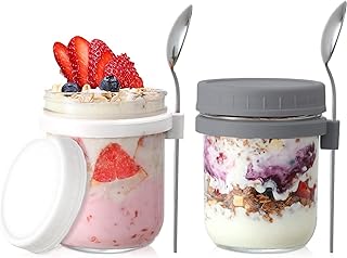 Prettidecor Overnight Oats Jars with Lid and Spoon 13.5 OZ Overnight Oats Container, Cereal Yogurt, Milk, Salads, Fruit Storage Container with Measurement Marks Set of 2