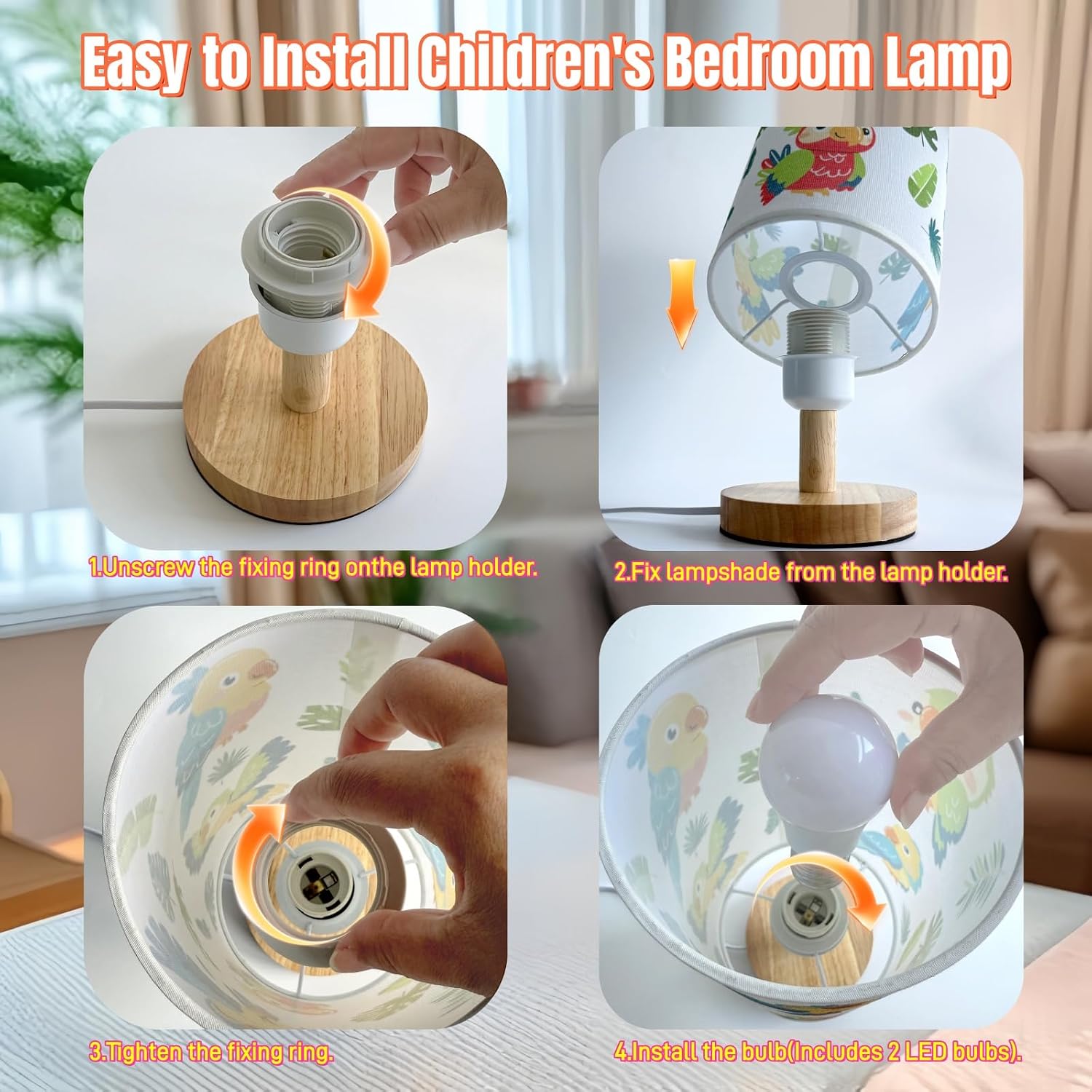 Bird Kids Table Lamp for Bedroom,Kids Bedside Lamps 3 Colors Wooden Base Nightstand Night Light with Cartoon Flaxen Fabric Shade Desk Lamp for Girls Boys Room Nursery Decor,Birds Gifts for Boys Girls