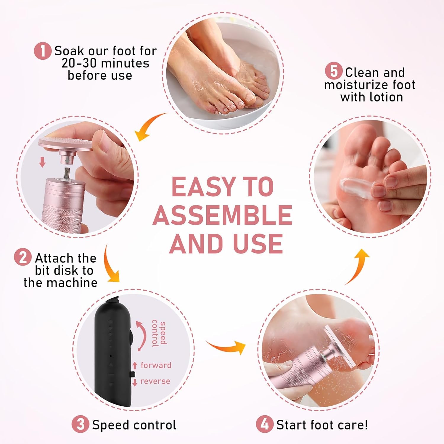 Kredioo Electric Foot Callus Remover 5 Nano Glass German Technology Nail File Grinding Sanding Heads Pedicure Tools for Feet Sensitive Skin Safe Adjust Speed R/F Direction Remove Calluses -Purple