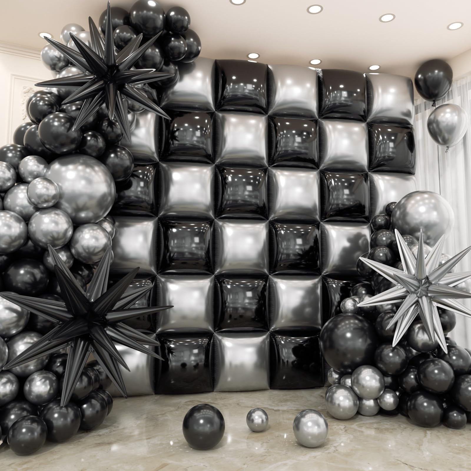HKYOOD 36pcs Black and Silver Square Foil Balloons Wall Backdrop with 147pcs Balloon Garland Arch Kit, Double Sided Balloons for Birthday Anniversary