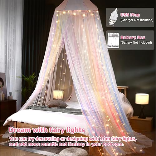 Miniatura 2 de Toldo de cama con luces, toldo de cama para niñas princesa con estrellas luminosas, cortinas de cama para cama de tamaño individual a King,