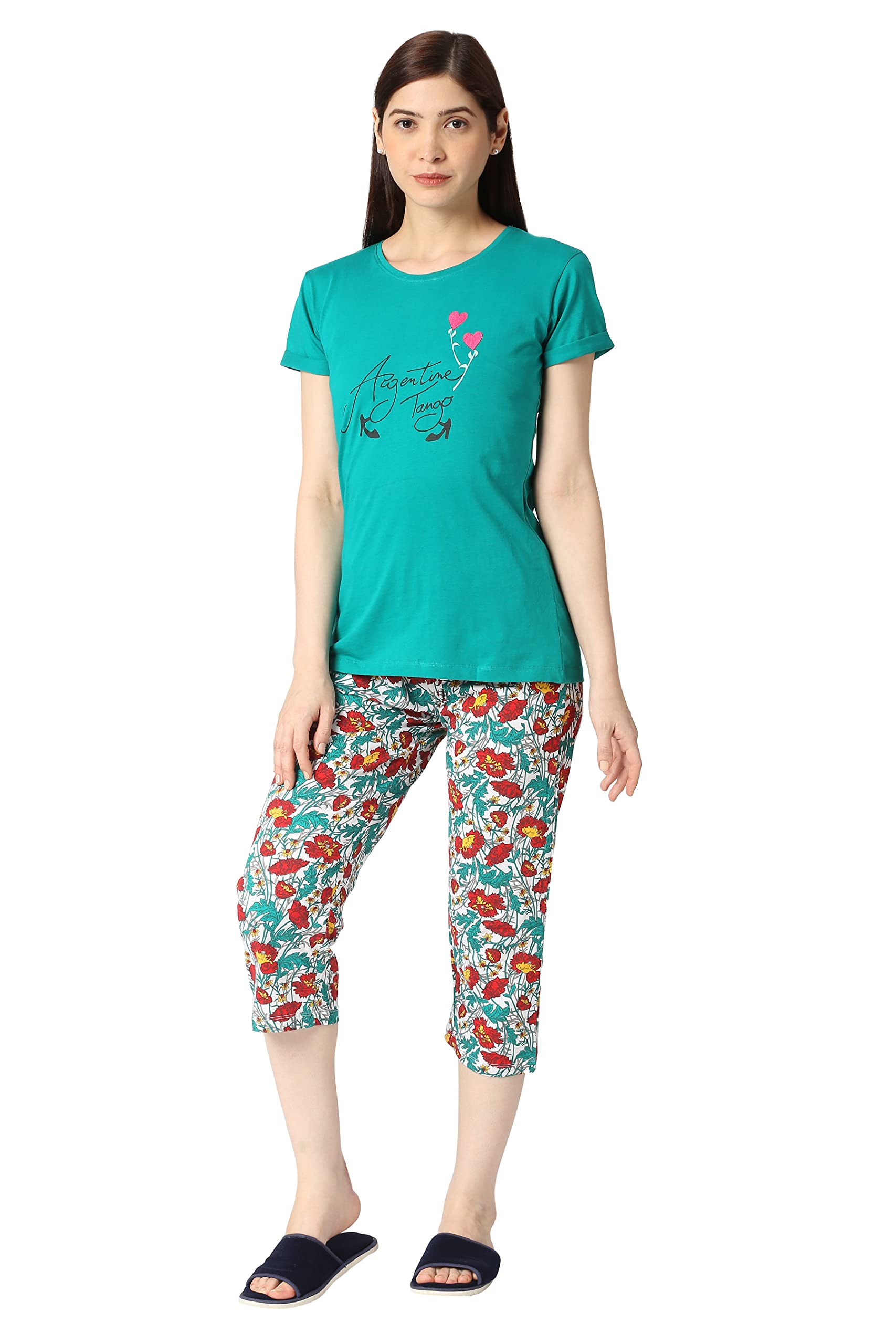 zebu Women's Attractive and Colourfull Free Fold Sleeve T-Shirt & Printed Capri For 100% Pure Cotton and Most Comfortable Summer Sleep Wear-picture-0