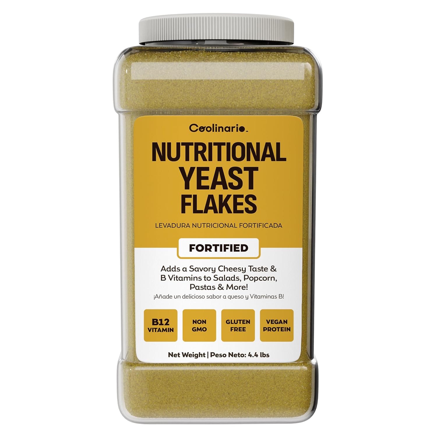 Coolinario Fortified Nutritional Yeast Flakes - 1 Gal (4.4 lbs) Savory Cheese-Like Flavor for Vegan Cooking | Rich in B-Vitamins, Protein & Fiber | Ideal for Pasta, Popcorn & Sauces | Gluten-Free