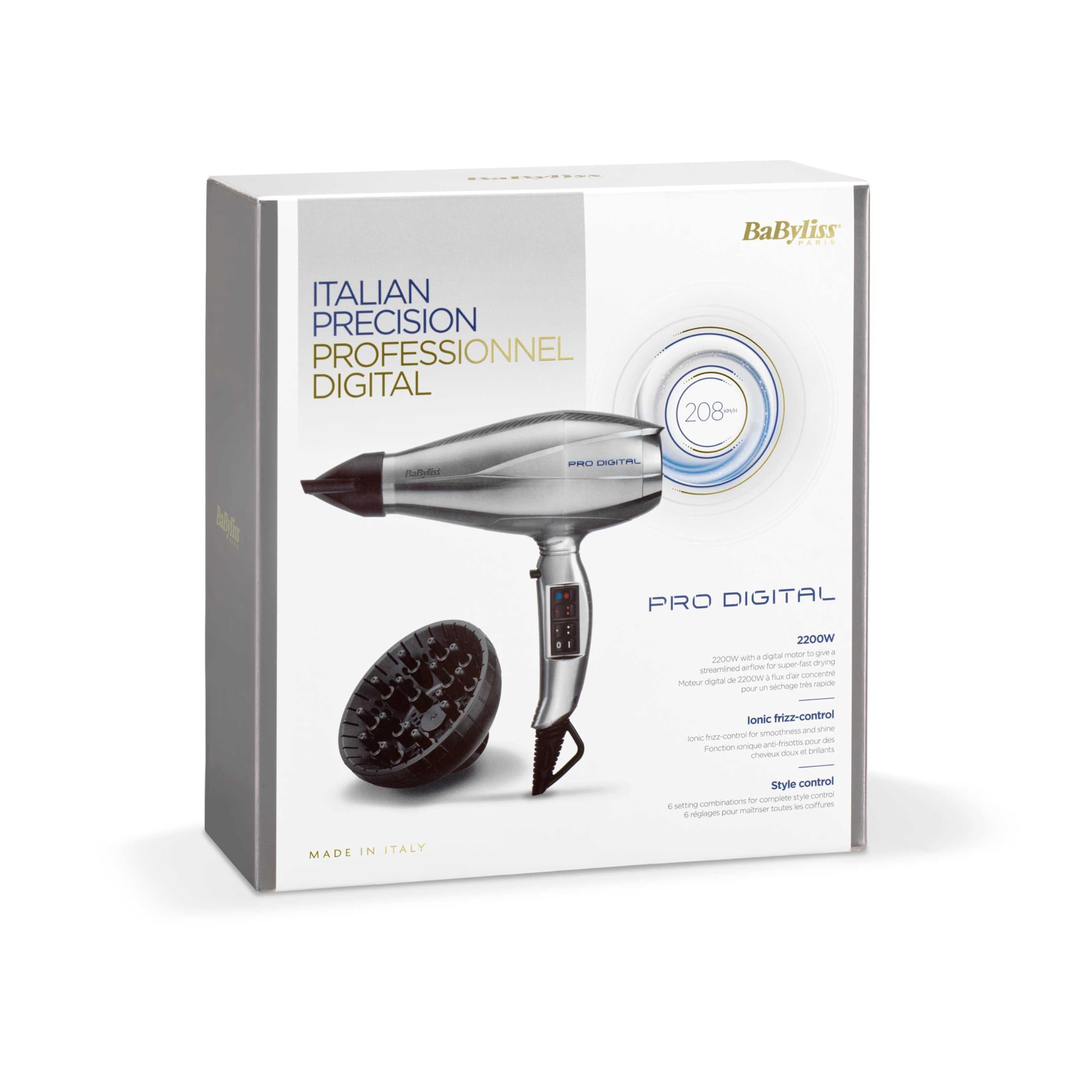 Suszarka do włosów BaByliss Pro Digital z dyfuzorem - 2200 W Ultra-szybka profesjonalna suszarka z jonizacją, wyprodukowana we Włoszech, 3 ustawienia temperatury i 2 prędkości, srebrna, 6000E