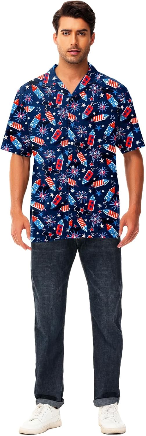 AOBUTE Men July 4th Button Shirts American Flag Hawaiian Shirt Star Stripe Holiday Top - Image 6