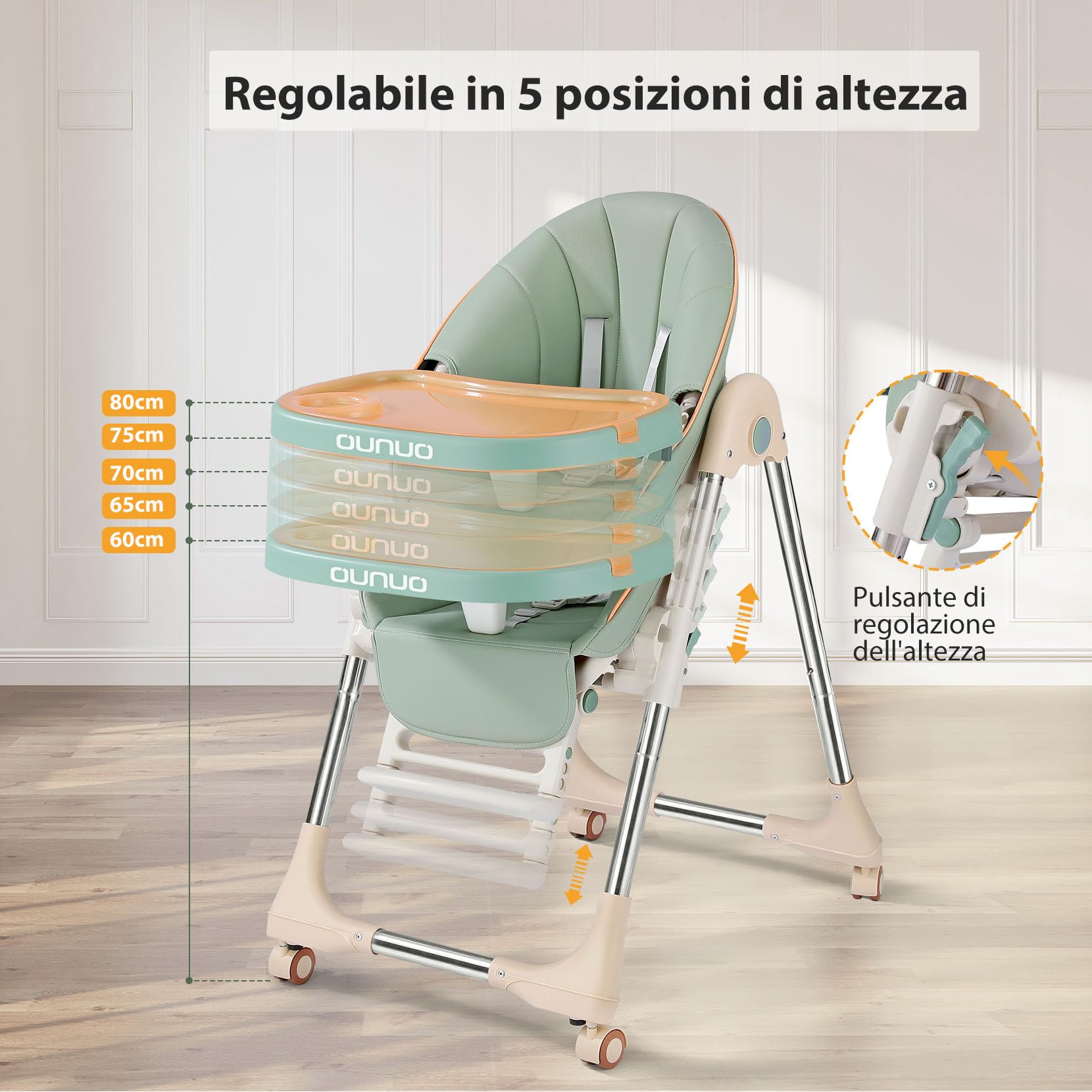 OUNUO Seggiolone Pappa, Seggiolino da Tavolo Pieghevole, Seggioline per bambini da 6 Mesi fino a 6 anni, Piatto da Cena Smontabile, Pedale e Schienale Regolabili in Altezza (Verde)