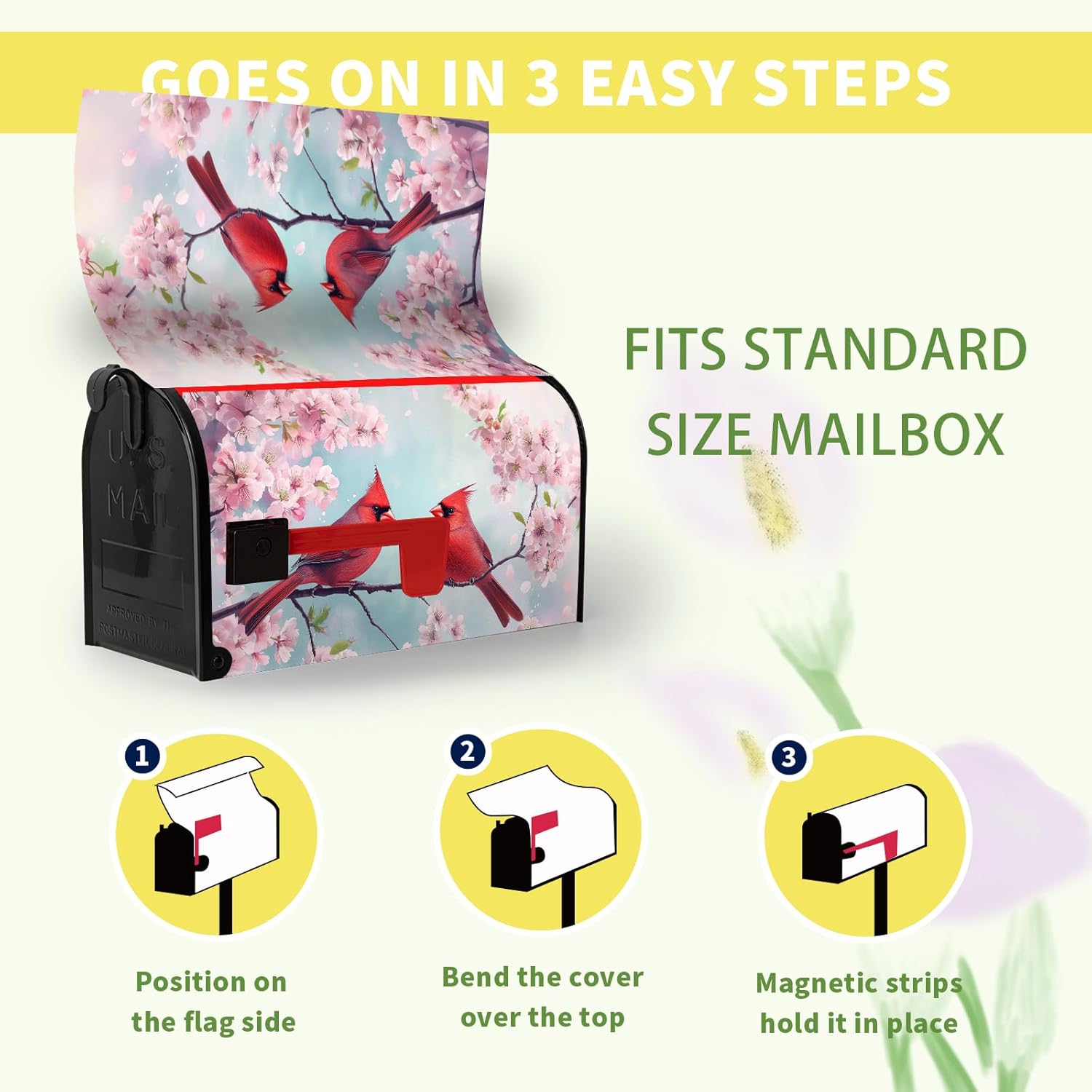Cardinal Mailbox Cover Magnetic Spring Cherry Blossom Birds Design Summer Mailbox Covers Waterproof Floral Nature Red Cardinal Bird Mail Box Wrap for Farmhouse Decor Standard Size 21x18 Inch