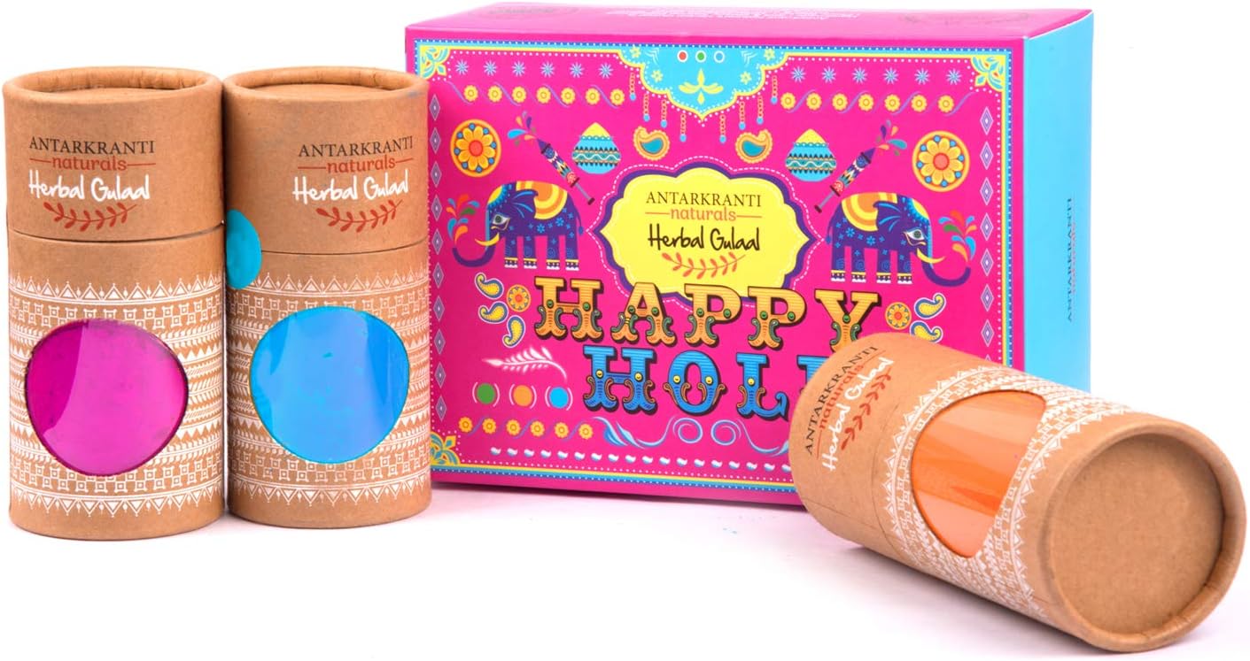 Sacred Life Tesu Flower | Rose Petals | Marigold | Red Sandalwood | Sandalwood |Maize Starch | Food Colours Naturals Herbal Handmade Gulal | Pack of 3 | Pink | Blue and Orange Truck Art | 100g x 3