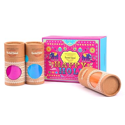 Antarkranti Tesu Flower | Rose Petals | Marigold | Red Sandalwood | Sandalwood |Maize Starch | Food Colours Naturals Herbal Handmade Gulal | Pack of 3 | Pink | Blue and Orange Truck Art | 100g x 3