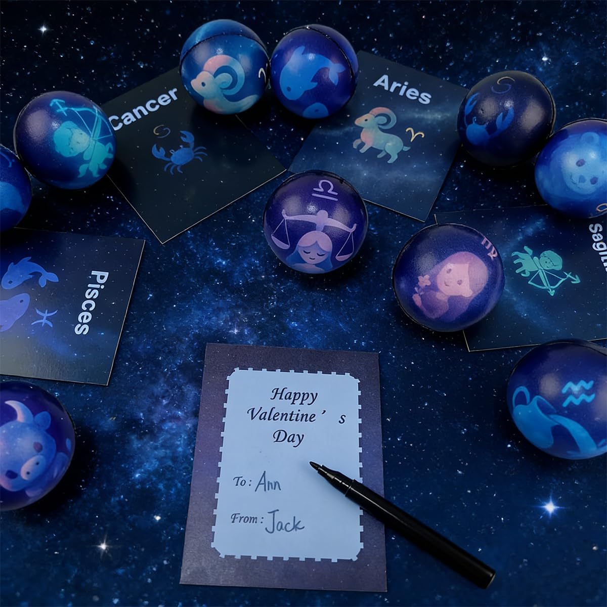 24 Pack Twelve Constellations Slow Rising Squishies with Valentines Cards Galaxy Stress Balls for Kids School Class Classroom Valentines Day Gifts Prizes Party Favors