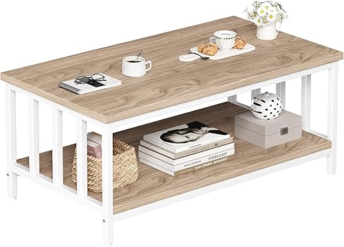Miniatura 9 de Homeiju - Mesa de café para sala de estar con marco lateral a lamas, mesa moderna de granja para sala de estar con estante de almacenamiento de 2