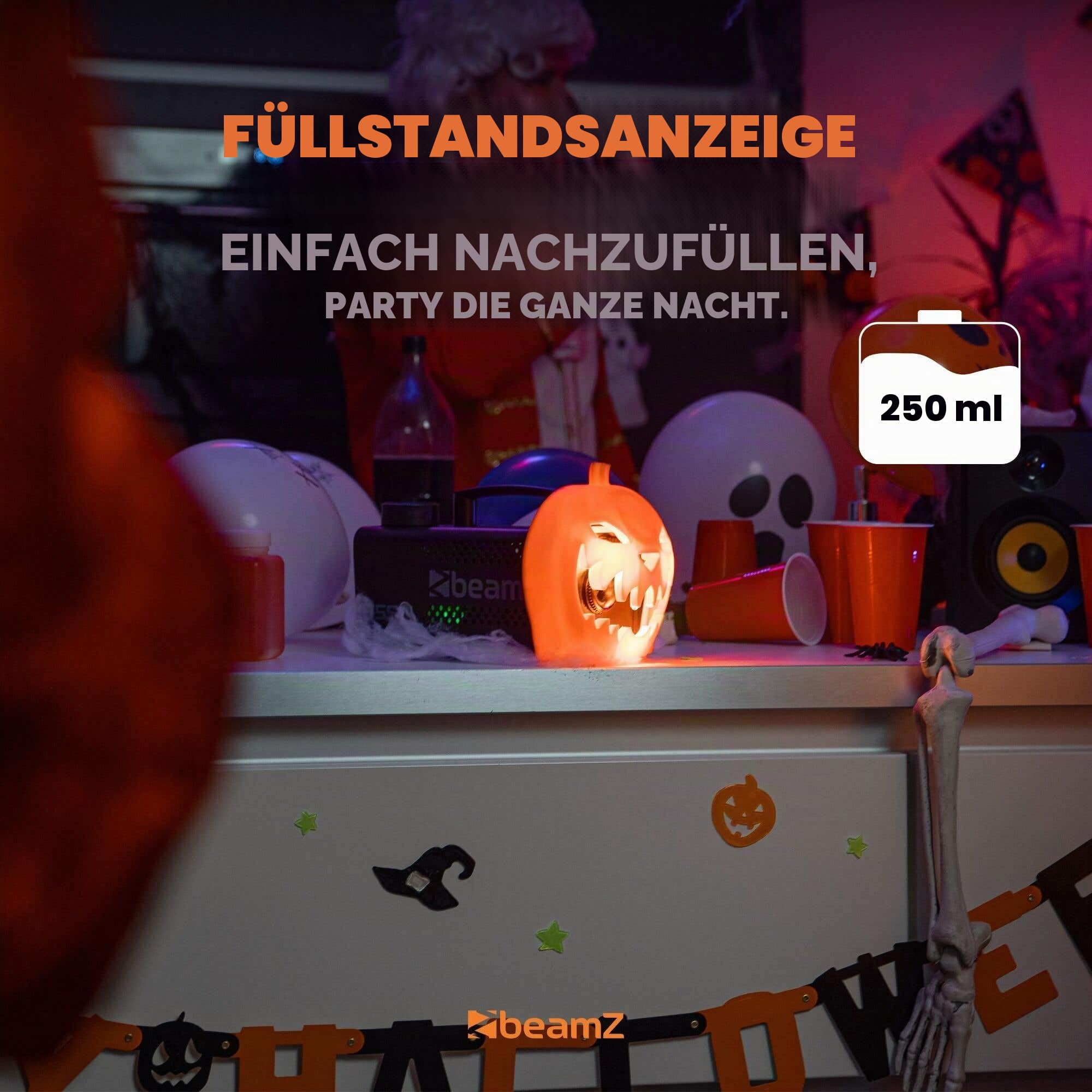 BeamZ S553L Nebelmaschine Halloween Deko mit LED Kürbis Kopf, 550 Watt Rauchmaschine mit Erdbeer Fluid und Reinigungsflüssigkeit, 2-in-1 mit Halloween Kürbis Deko 16 Farben, Soundeffekt