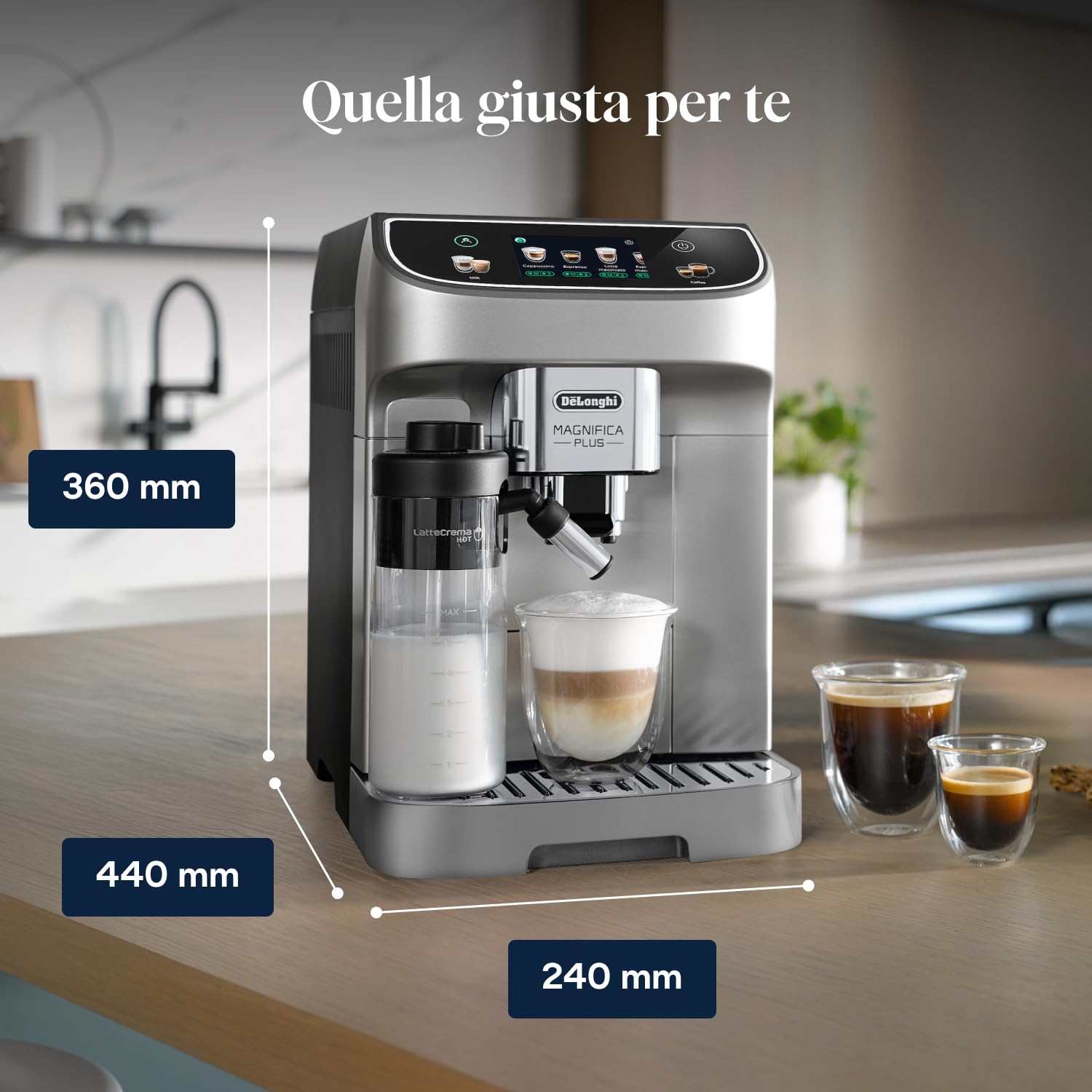 De’Longhi Magnifica Plus – Perfetto Macchina da Caffè Automatica, LatteCrema Montalatte Automatico, 18 Bevande in un Solo Tocco, Display Touch a Colori, Argento e Nero (ECAM322.70.SB)