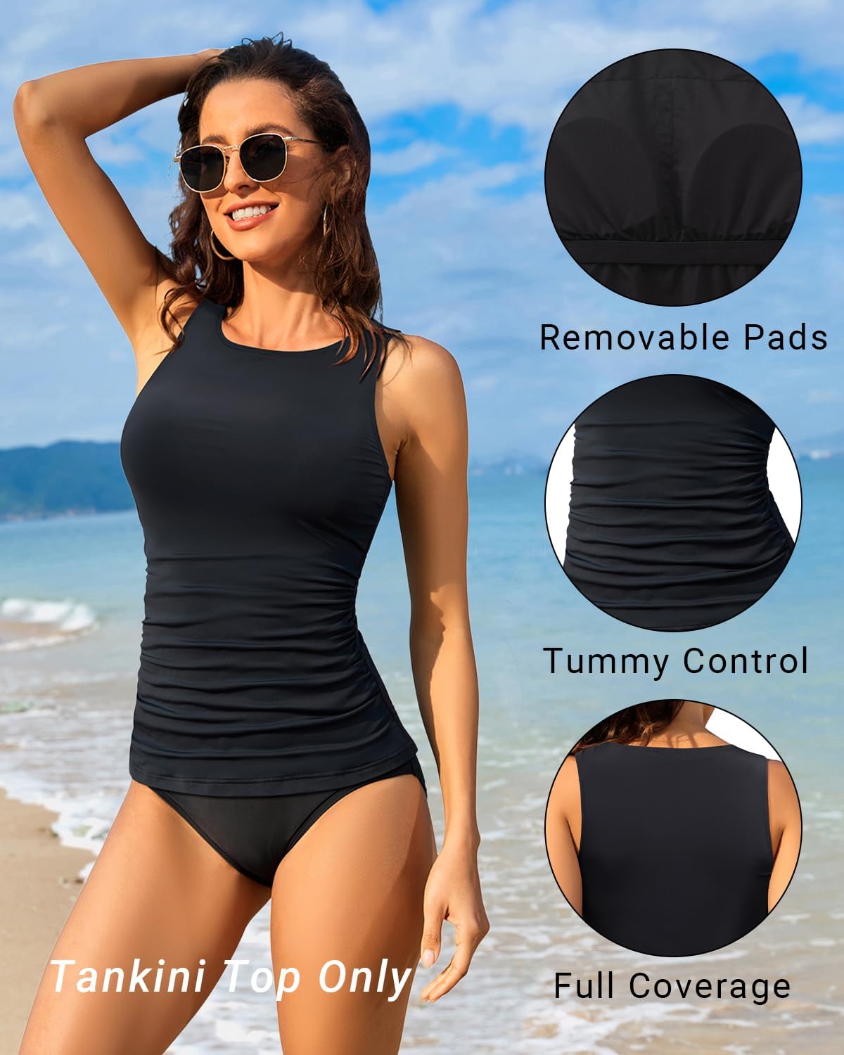 Daci Tankini Tops for Women High Neck Swim Top Tummy Control Bathing Suit Top Modest Swim Tank Top No Bottom - Image 3