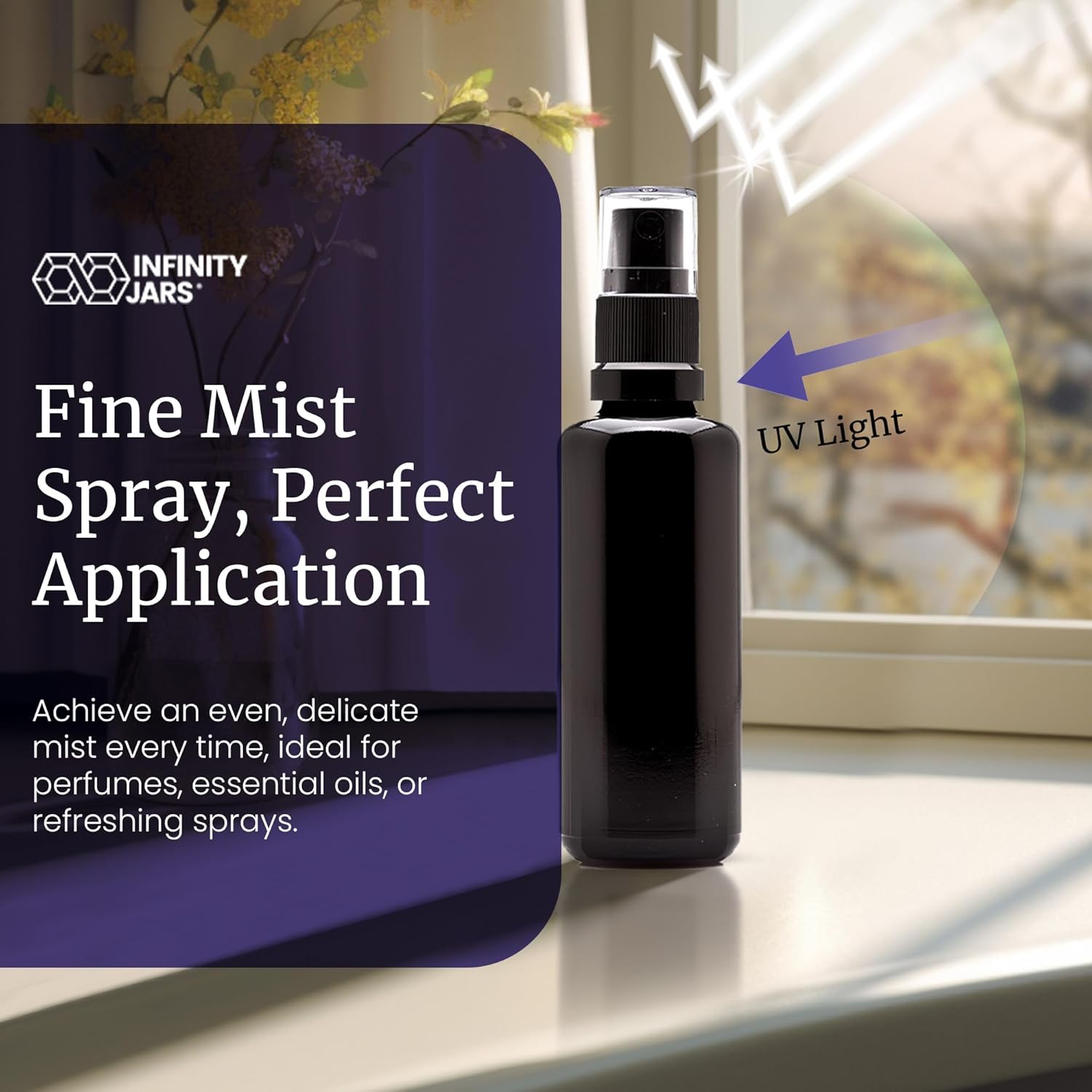 Infinity Jars 100 Ml (3.4 fl oz) Black Ultraviolet Glass Fine Mist Spray Bottle Cleaning Products Refillable Containers Homemade Perfume Blends Room, Sprays Bath Beauty Hair, Screw Top Bottles 3-Pack