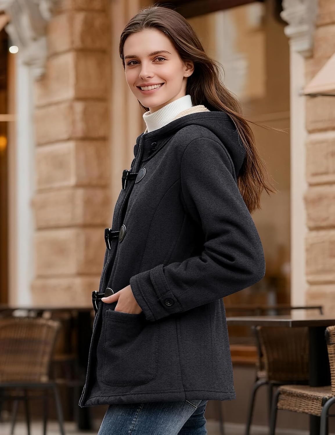 Flygo Sherpa Lined Winter Jackets for Women Fleece Hoodie Jacket Warm Fall Winter Toggle Duffle Coats - Image 3