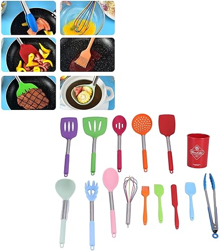 Miniatura 3 de Juego de utensilios de cocina de silicona de 15 piezas con mango de acero inoxidable resistente al calor con soporte para cocinar utensilios de