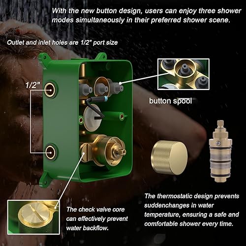 Miniatura 8 de Sistema de ducha termostático dorado cepillado, juego de grifo de ducha LED de lluvia de 12 pulgadas, sistema de cabezal de ducha de cuerpo completo