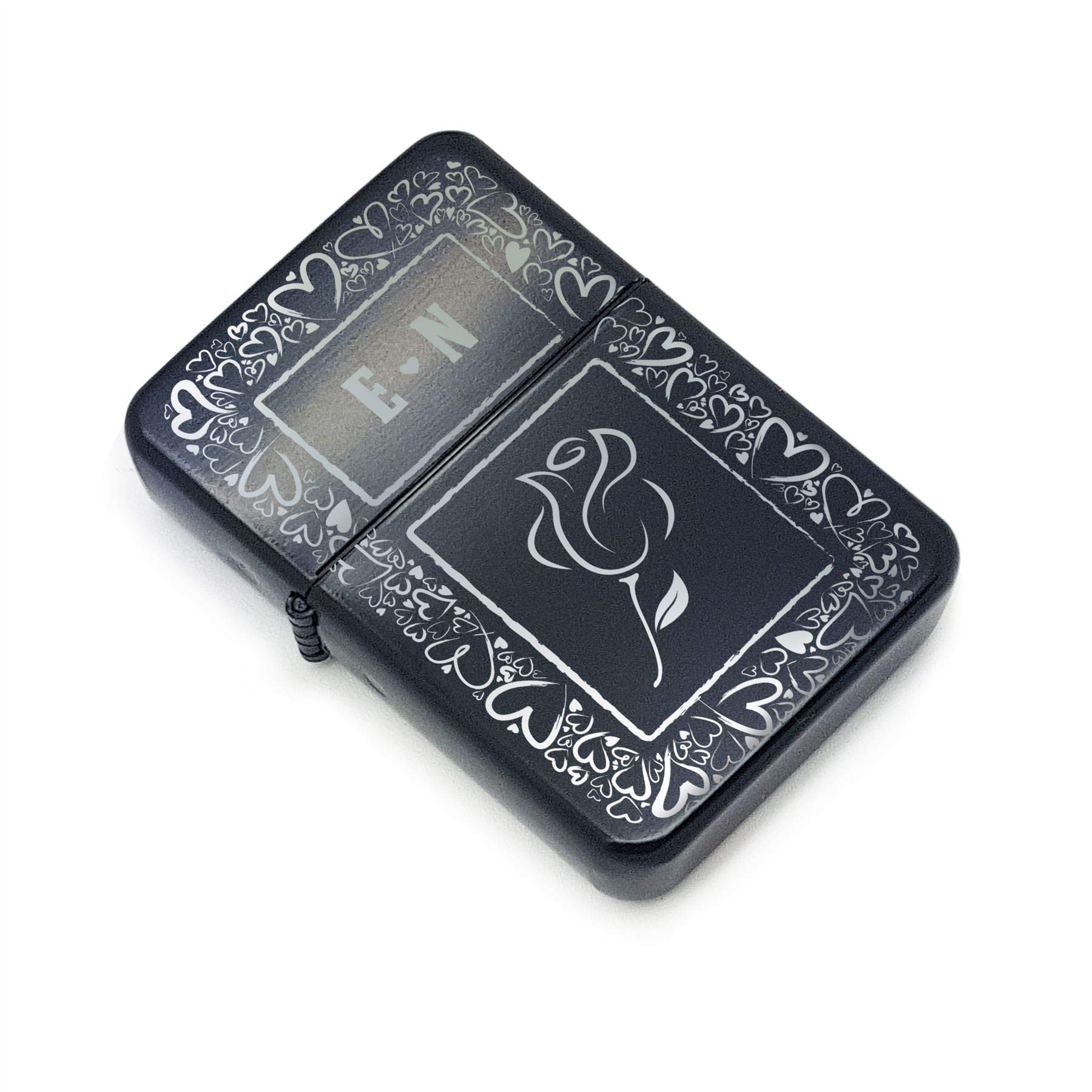 Personalised Engraved Black Painted Lighter, with Rose & Hearts pattern. Add any Initials. Comes with a Soft Lined Metal Tin Gift Box for Presentation.