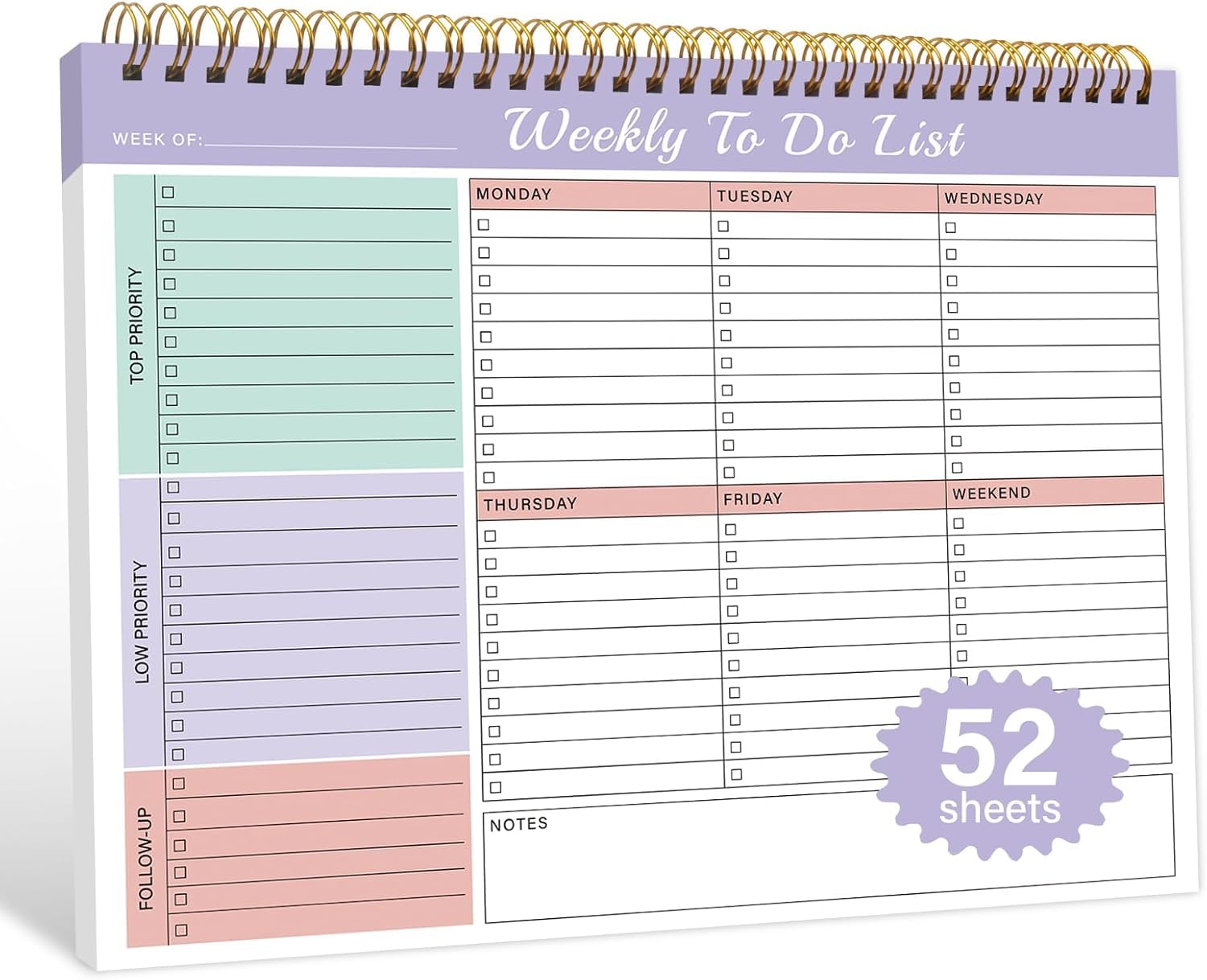 Weekly To Do List Notepad with 52 Undated Sheets(8.5"×11")- Undated Weekly Desk Planner for Women & Man, School/Office Supplies