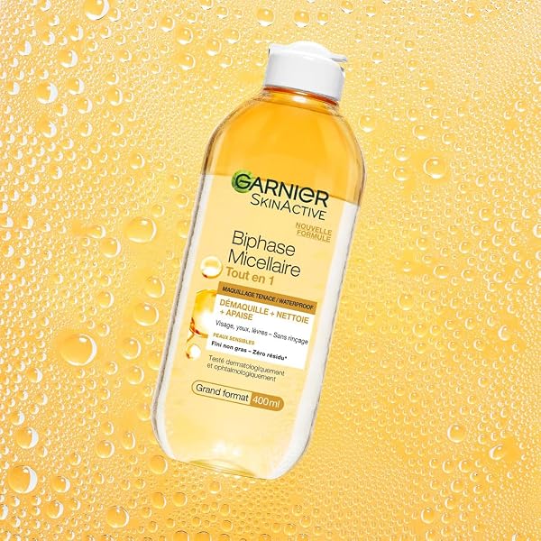 GARNIER Skin Active - Biphase Micellaire - Tout-en-1 - Nettoie, Démaquille & Apaise - Visage, Yeux, Lèvres - Enrichie En Micelles & Huiles - Vegan & Cruelty Free - Tous Types de Peaux - 400 ml - 5