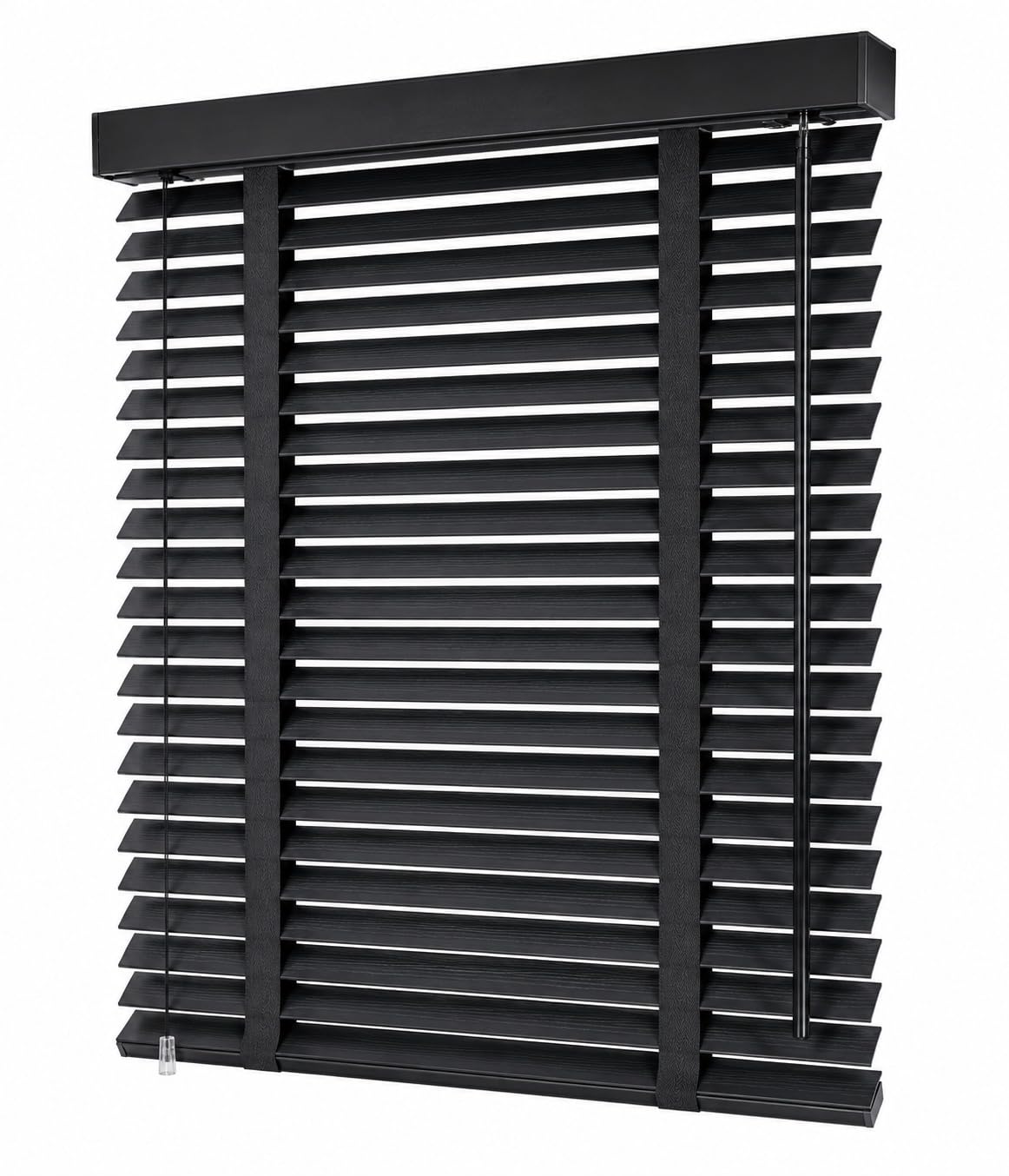 Venetian Faux Wood Blind Woodgrain Effect With TAPE Ladder 50mm Slats Trimmable Fauxwood Easy Fit Blinds for Home Kitchen Garage Campervan Caravan Light Control Black (45 x 150cm)