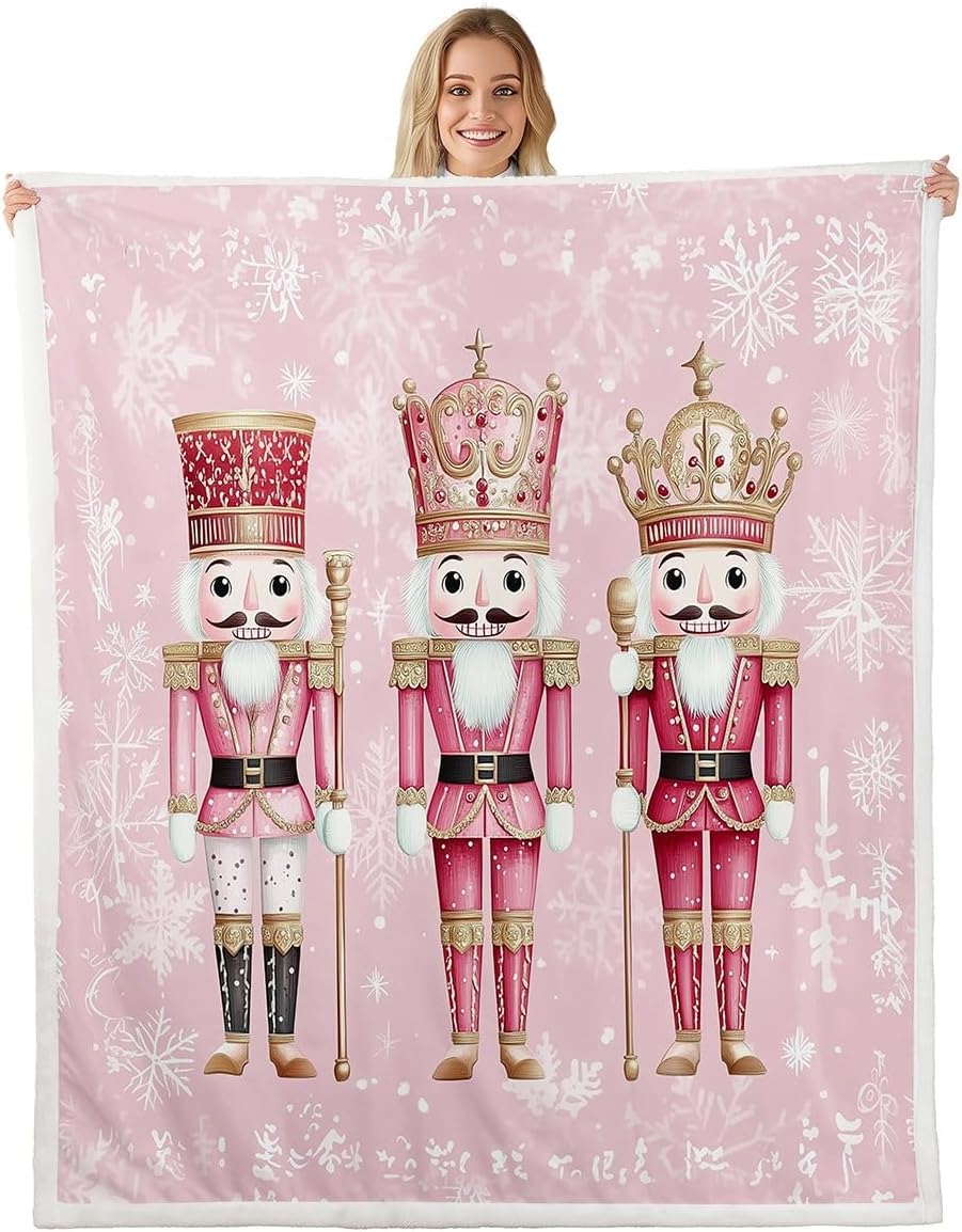 Pink Nutcracker Throw Blanket,Xmas Snowflake Romantic Noble Bed Blanket for Girls Women,Merry Christmas Fleece Blanket,Pink Dreamy Fuzzy Blanket,Twin Size (60 x 80 Inches)
