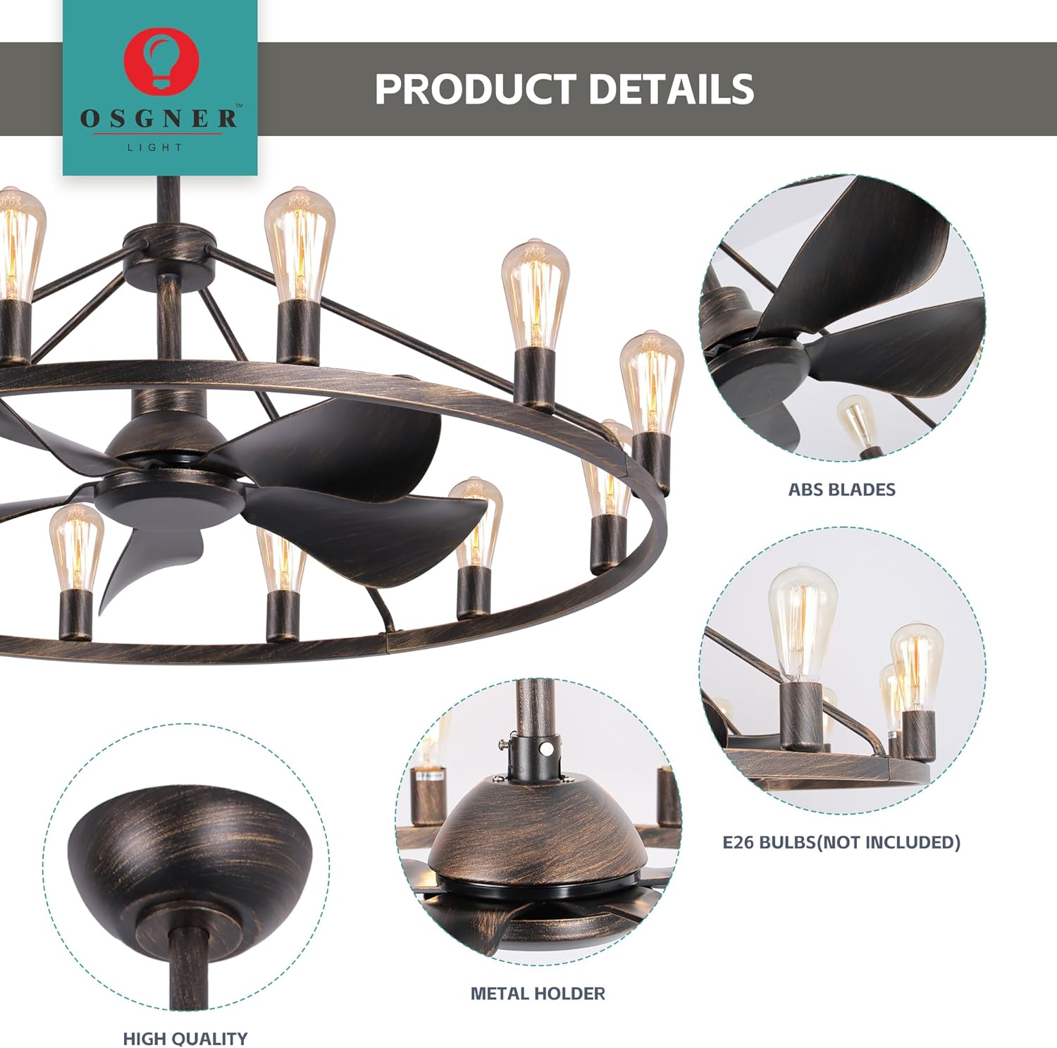 Farmhouse Ceiling Fan With Light,12 Light Farmhouse Ceiling Fans With Remote,44 Inches Large Wagon Wheel Chandelier Fan For Modern Country Kitchen, Rustic Dining Table-Bronze Black brush gold image 5 of 9 B0DY7CXHLL