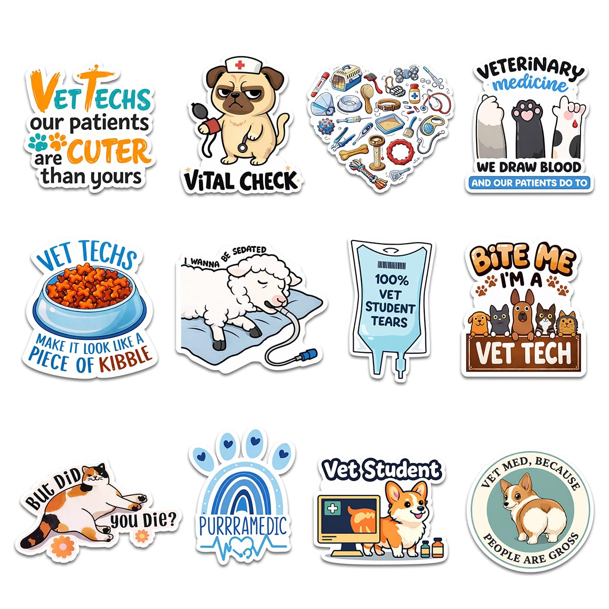 12 Pcs Vet Tech Stickers – Bite Me I’m a Vet Tech, Vet Student, Veterinary Medicine, We Draw Blood – Fun Stickers for Vet Techs, Animal Lovers, Vet Students, Water Bottle, Tumbler, Laptop 3 Inches