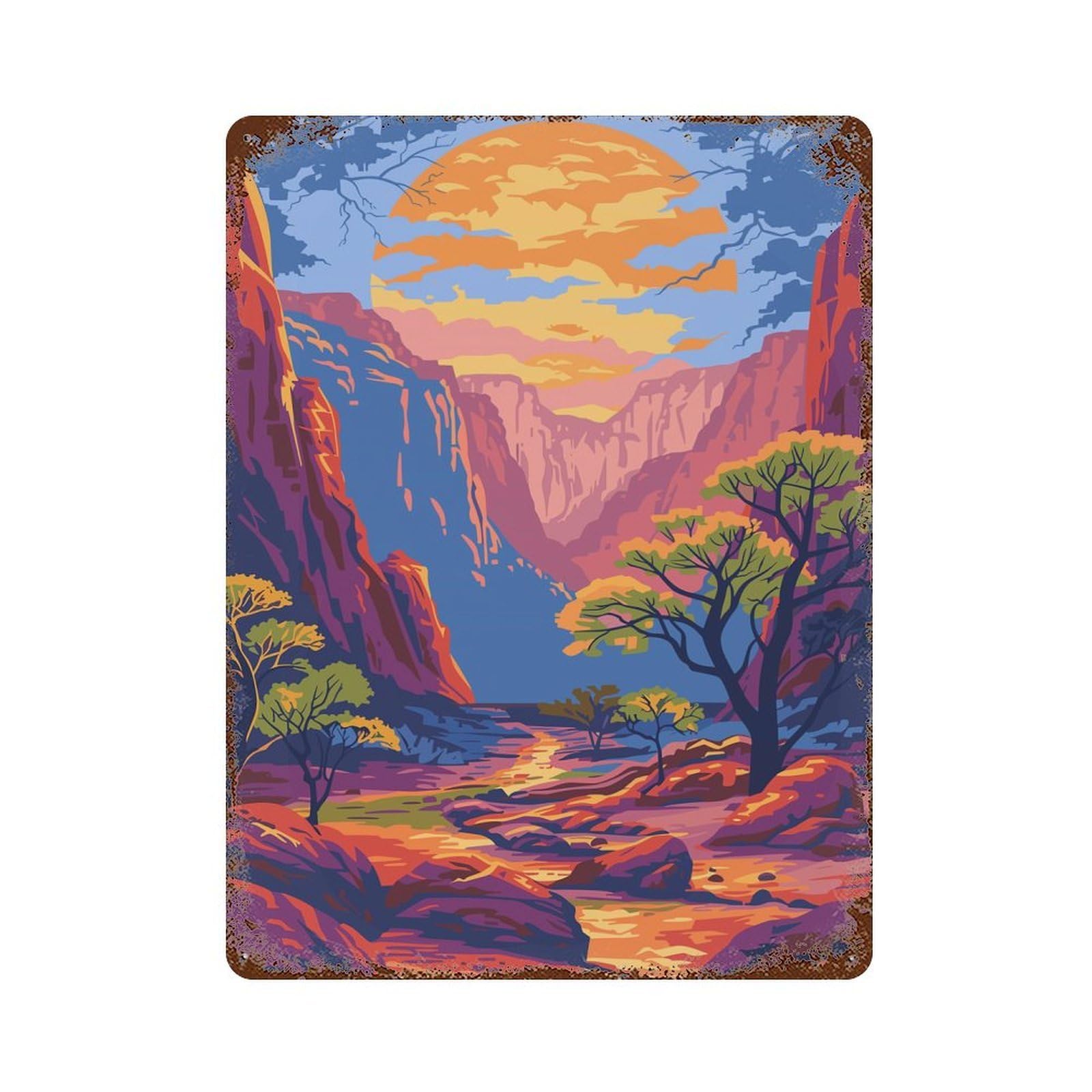 Garage Style Colorful Canyon Landscape with Setting Sun Decorative Tin Sign 15.7"x11.8", Rustic Home Decor for Bar And Workshop