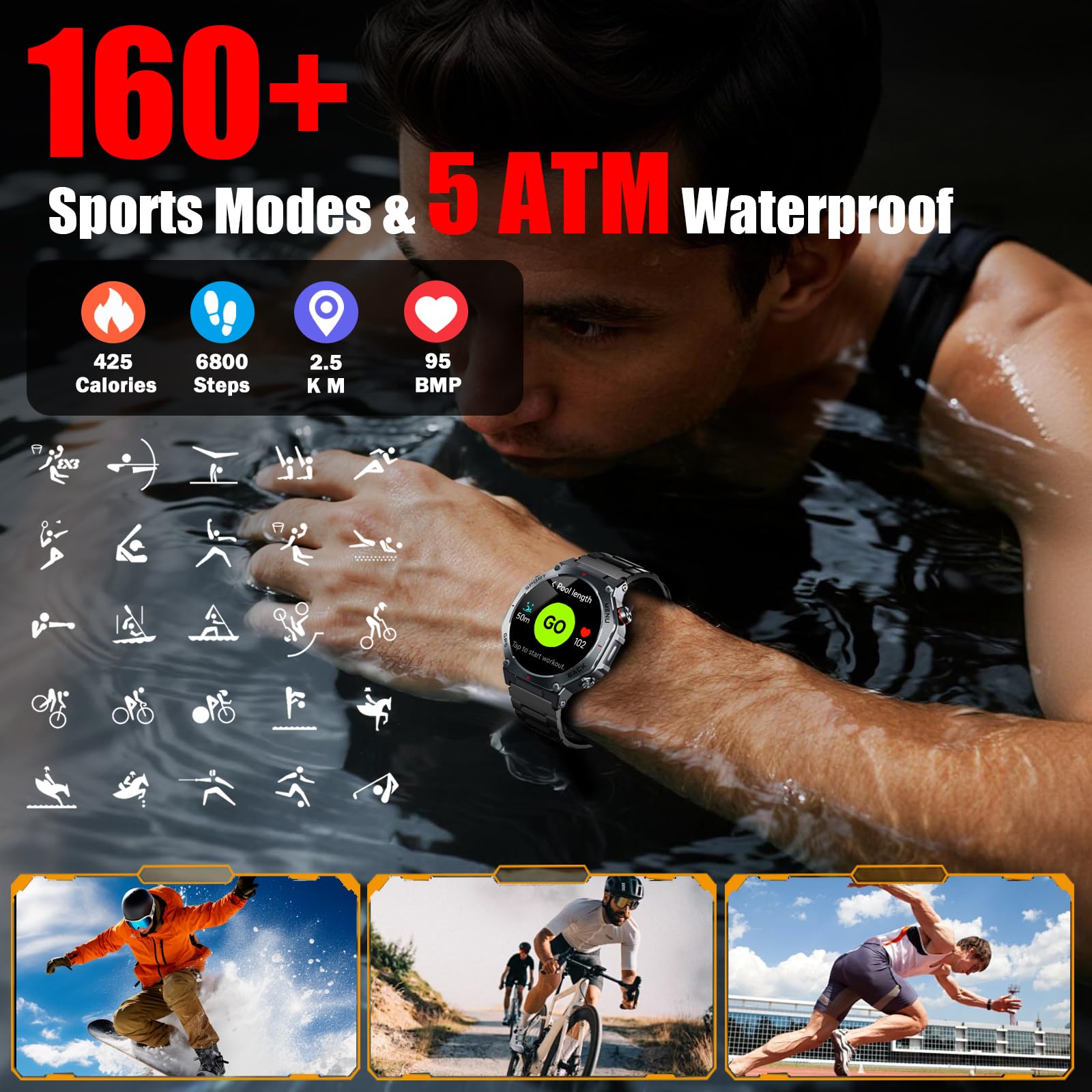 Reloj Inteligente Hombre Militar con GPS y Linterna LED, 5ATM Smartwatch con Brújula llamadas Bluetooth Pulsómetro Oxímetro Sueño, 1.43"AMOLED Reloj Deportivo con 160+Modos Deportivos para IOS Android