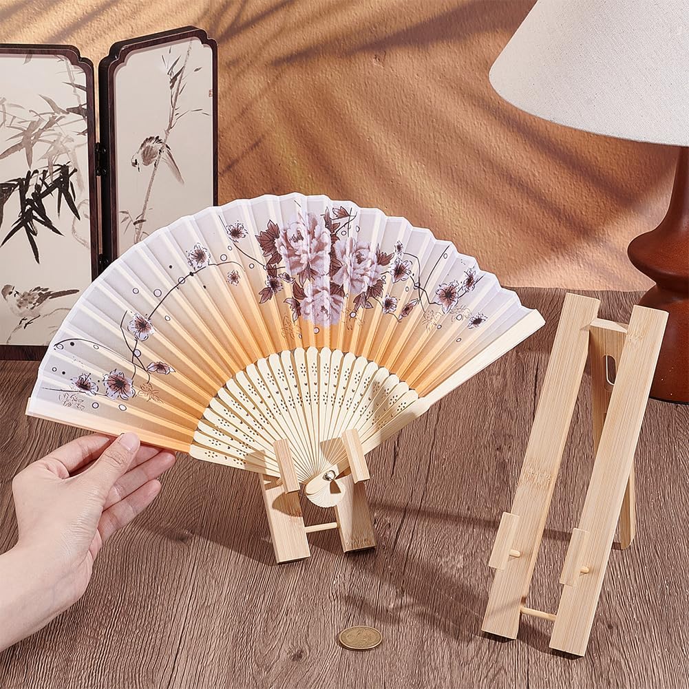 PH PandaHall 2 Pack Bamboo Japanese Folding Fan Holder Stand Tripod Display Base Wall Mount Handheld Fan Storage Foldable Display Base Organizer for Home Office Decor Gift image 3