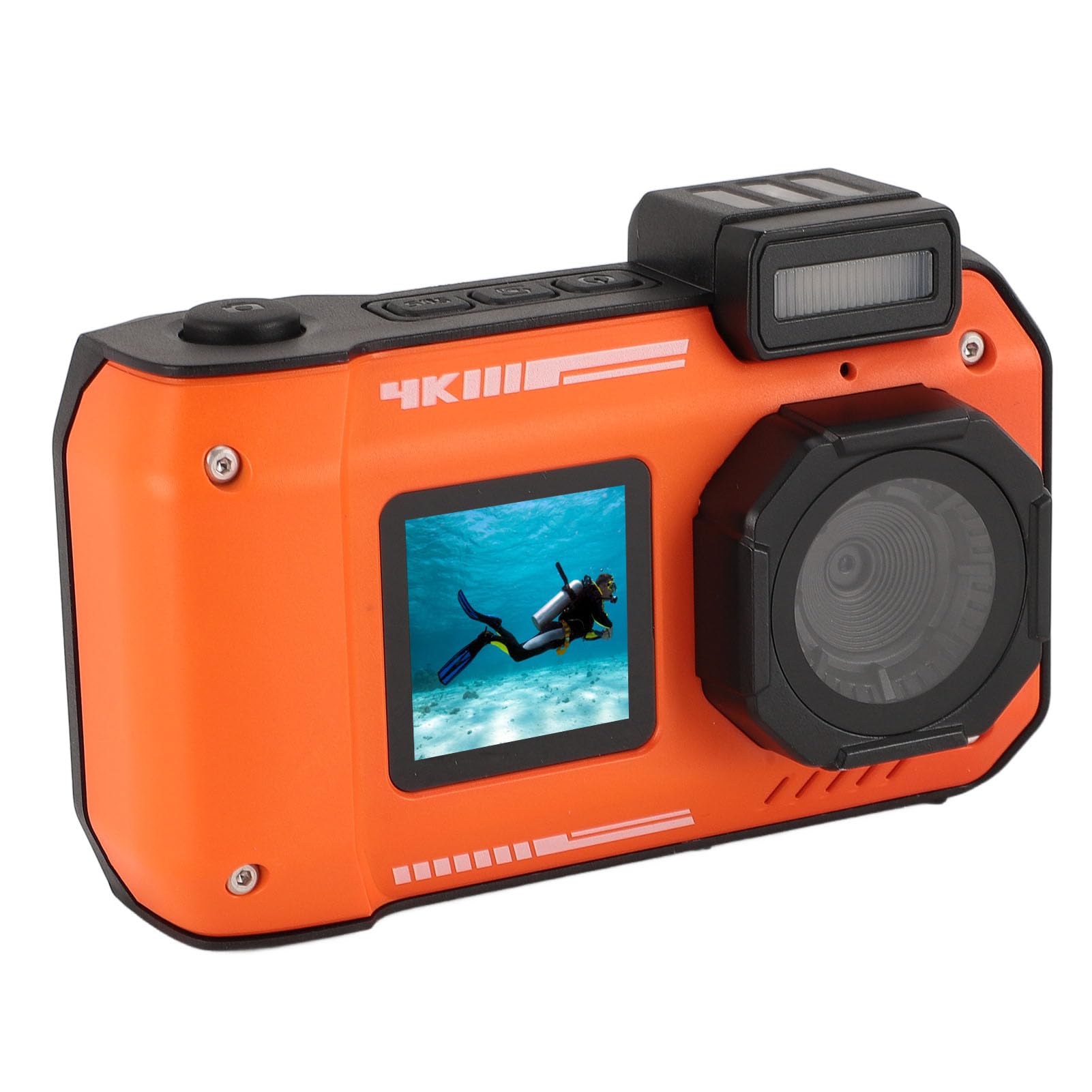 4K Underwater Camera, 48MP 16X Digital Zoom Autofocus Diving Camera, 2500mAh Water Resistant Anti Shake Double Screen Selfie Underwater Camera for Outdoor Sports (Orange)