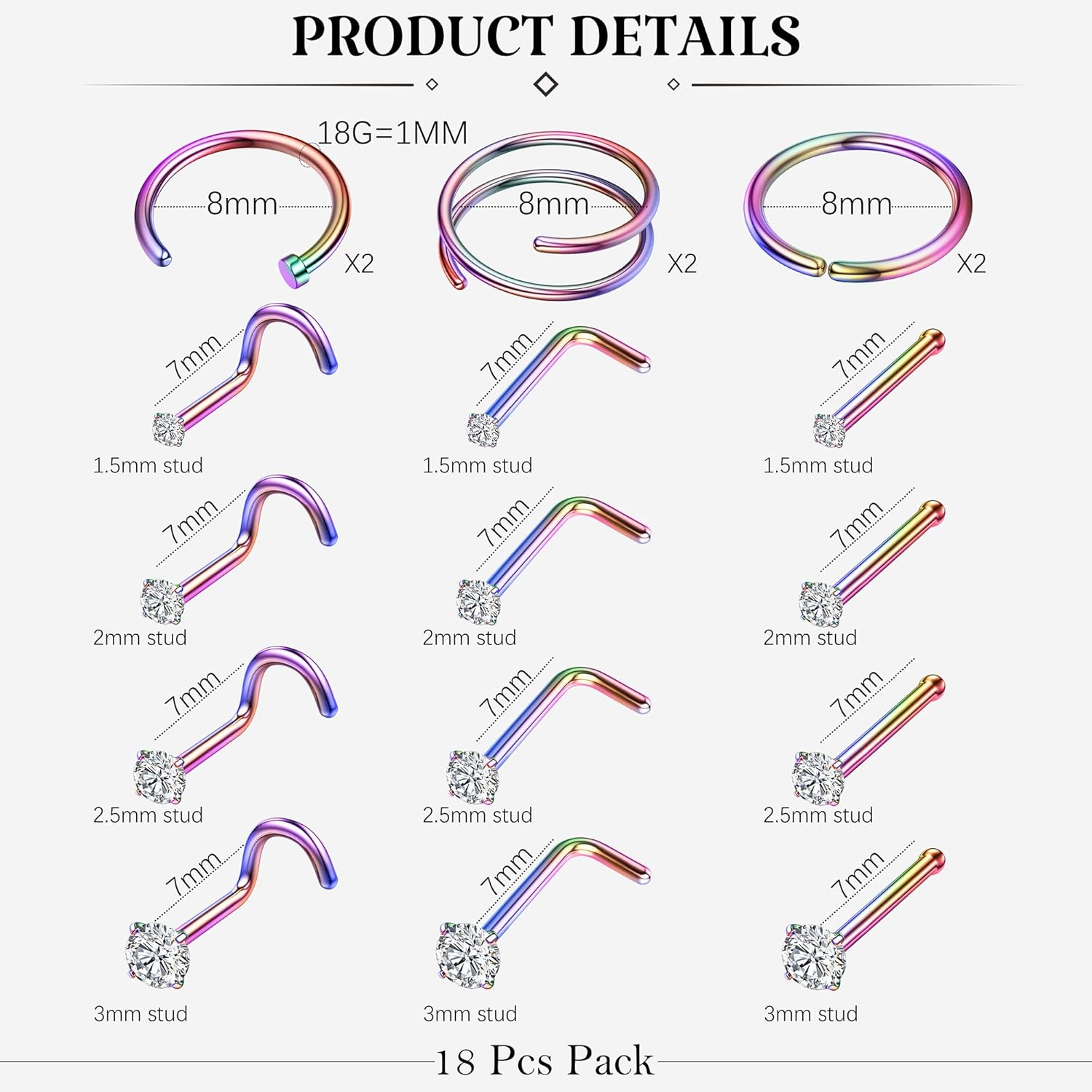 LOYALLOOK 18Pcs Nose Rings Studs - 316L Surgical Steel 14K Gold Plated Nose Studs Double Hoop Nose Ring for Women Men 18G/20G Nose Rings Stud Hypoallergenic Nose/Body Piercing Jewelry 1.5mm 2mm 2.5mm 3mm CZ - Image 4