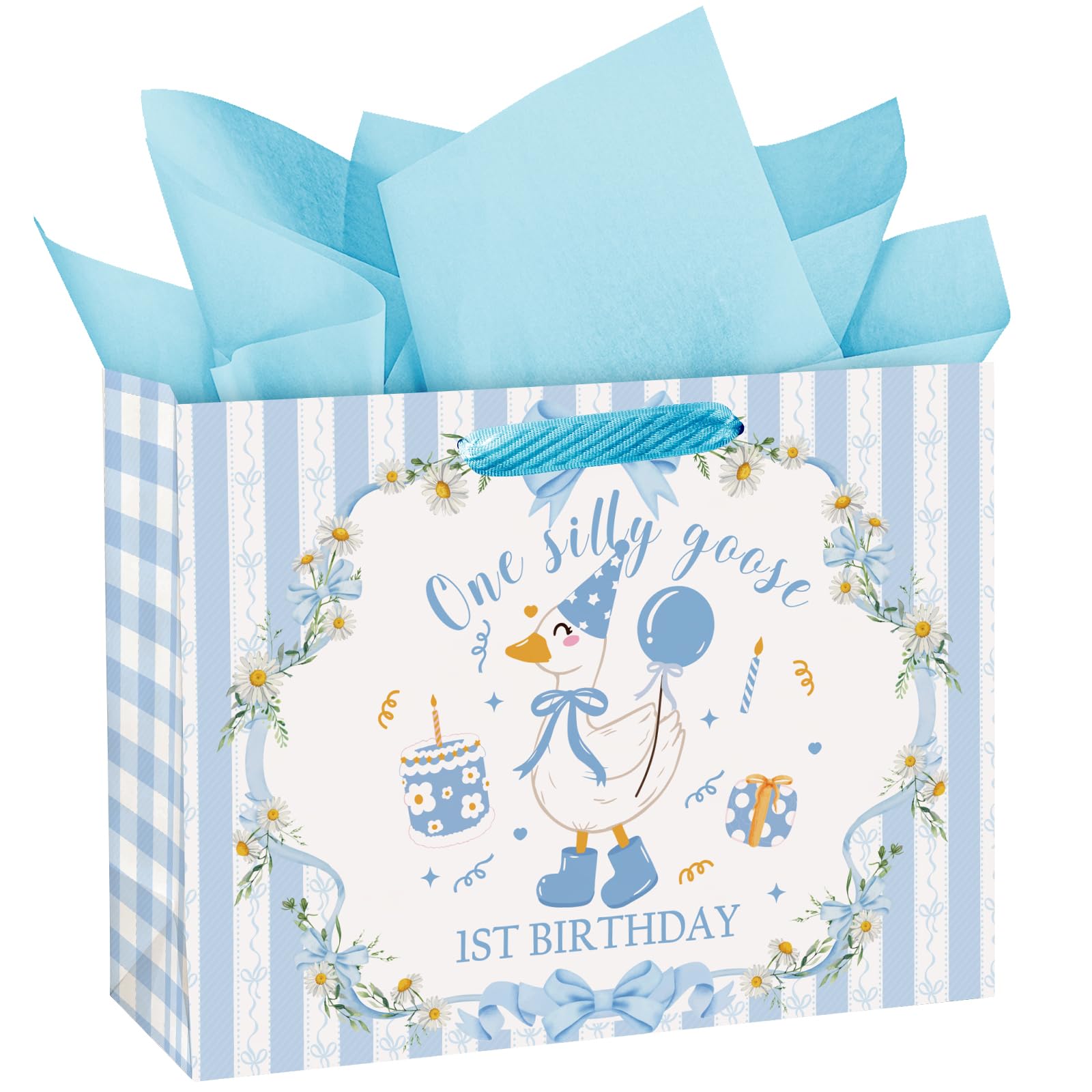 Loveinside 13" Large Silly Goose 1st Birthday Gift Bag with Tissue Paper - Blue One Silly Goose Paper Bags for Boys Birthday Baby Boy Shower and Party