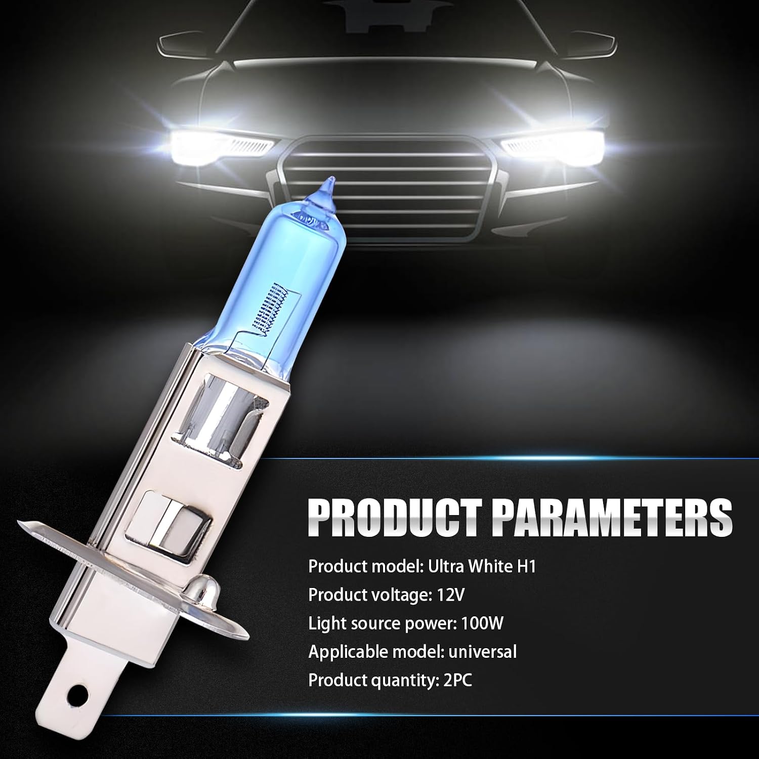 Pack-2 H1 Halogen Bulbs, Car Xenon Light Bulbs, 12V 100W Car High Beam Lights, Automobile Lights Replacement Kit, Universal for Most Cars, SUVs and Vans (White #H1)