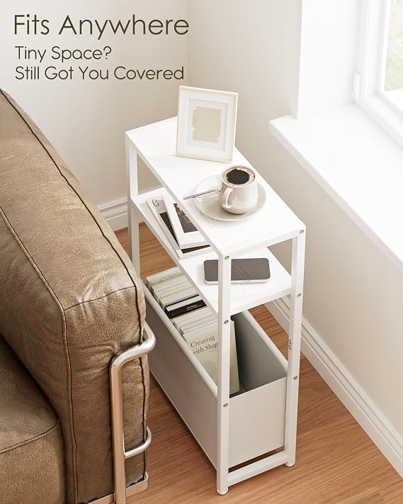 Narrow Side Table for Small Spaces, Small End Table with Storage Basket, Slim Bedside Table for Bedroom, White Sofa Side Tables Living Room,Bathroom