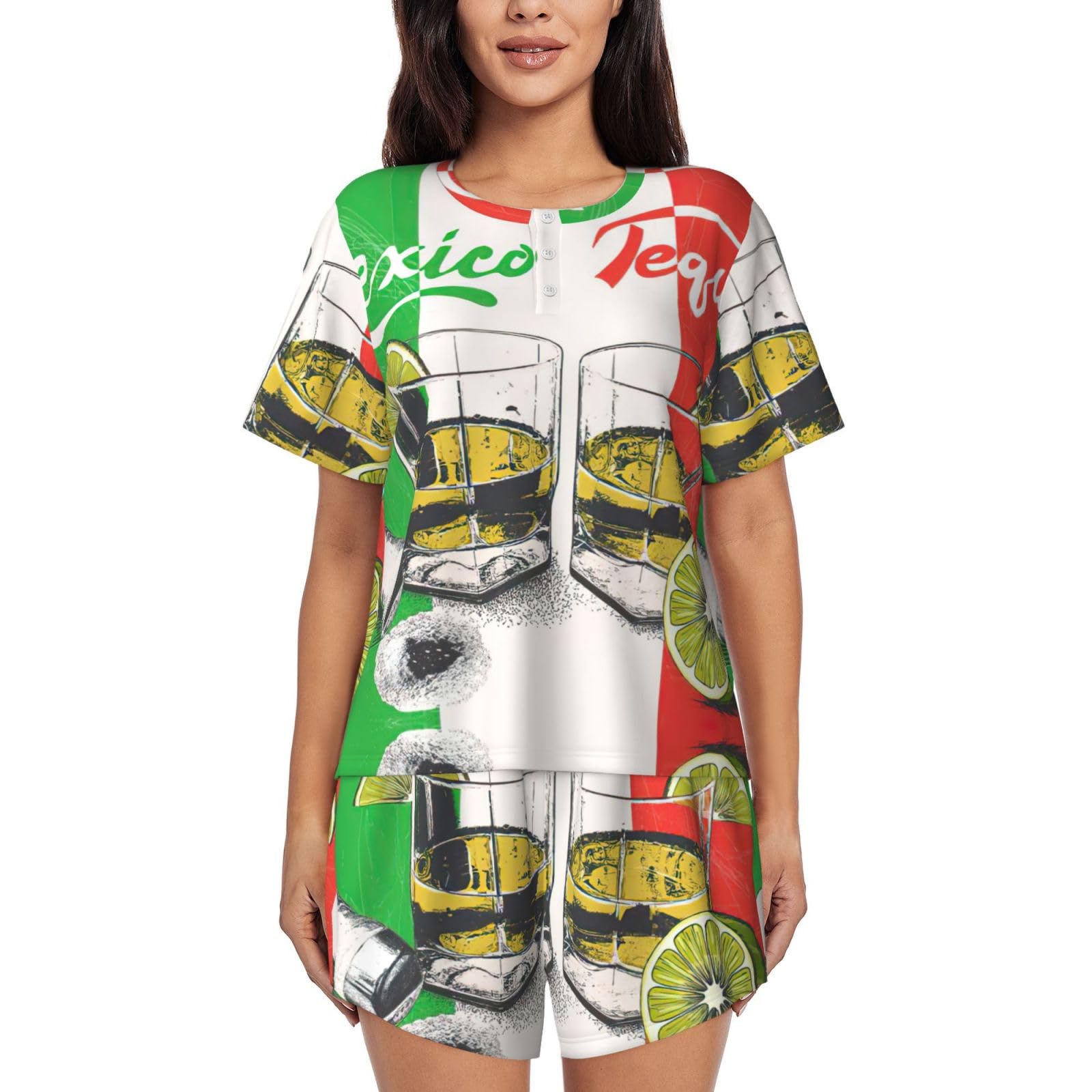 Edwal Women's Black Mexico Flag And Tequila Print Pajama Sets Lounge Wear Set Soft Loungewear Short-Sleeved Pjs And Shorts