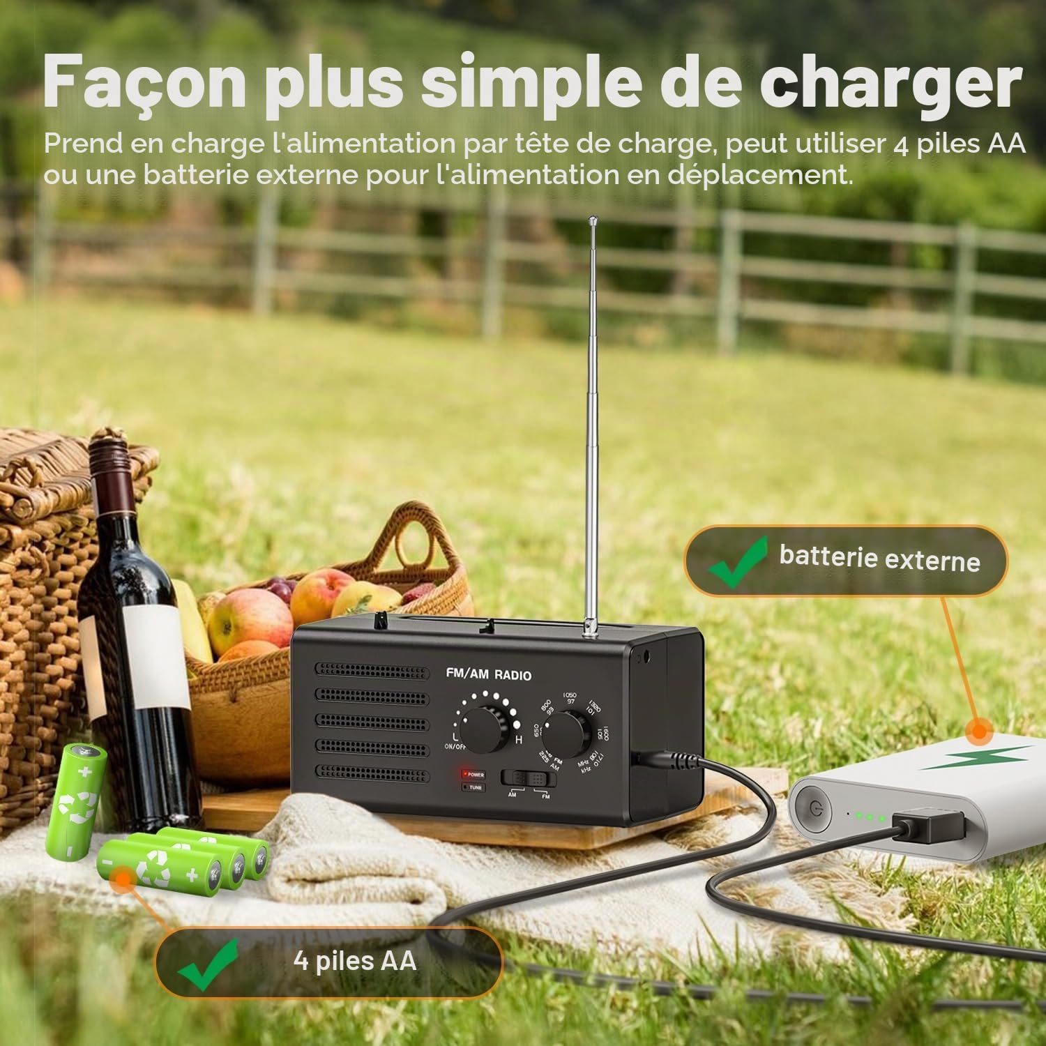 Radio Portable AM/FM avec Excellente Réception, Haut-Parleur Intégré, Prise Casque et USB. Alimentée par Piles, Idéale pour la Maison, L'extérieur et Les urgences.（Noir）