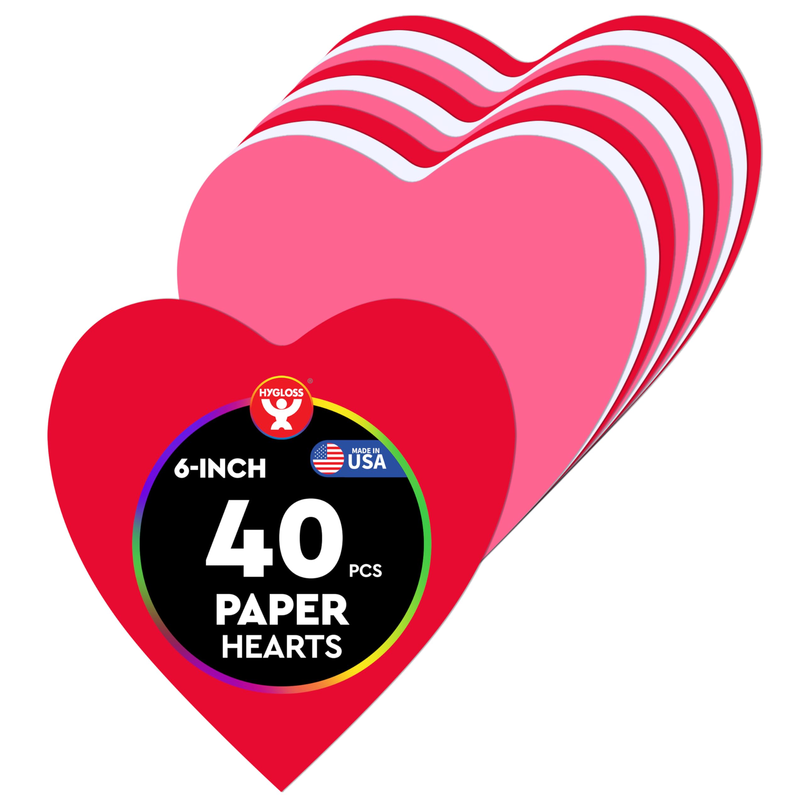 Hygloss Heart Shape Paper Cut-Outs for Arts &amp; Crafts-Many Creative Uses-Valentine’s Day Activities-6 Inches-40 Pcs, Red, Pink &amp; White