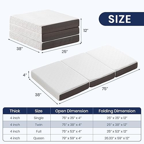 Miniatura 2 de Hanherry Colchón plegable de 4 pulgadas, tamaño individual, de espuma viscoelástica portátil de tres pliegues, con bolsa de almacenamiento, funda