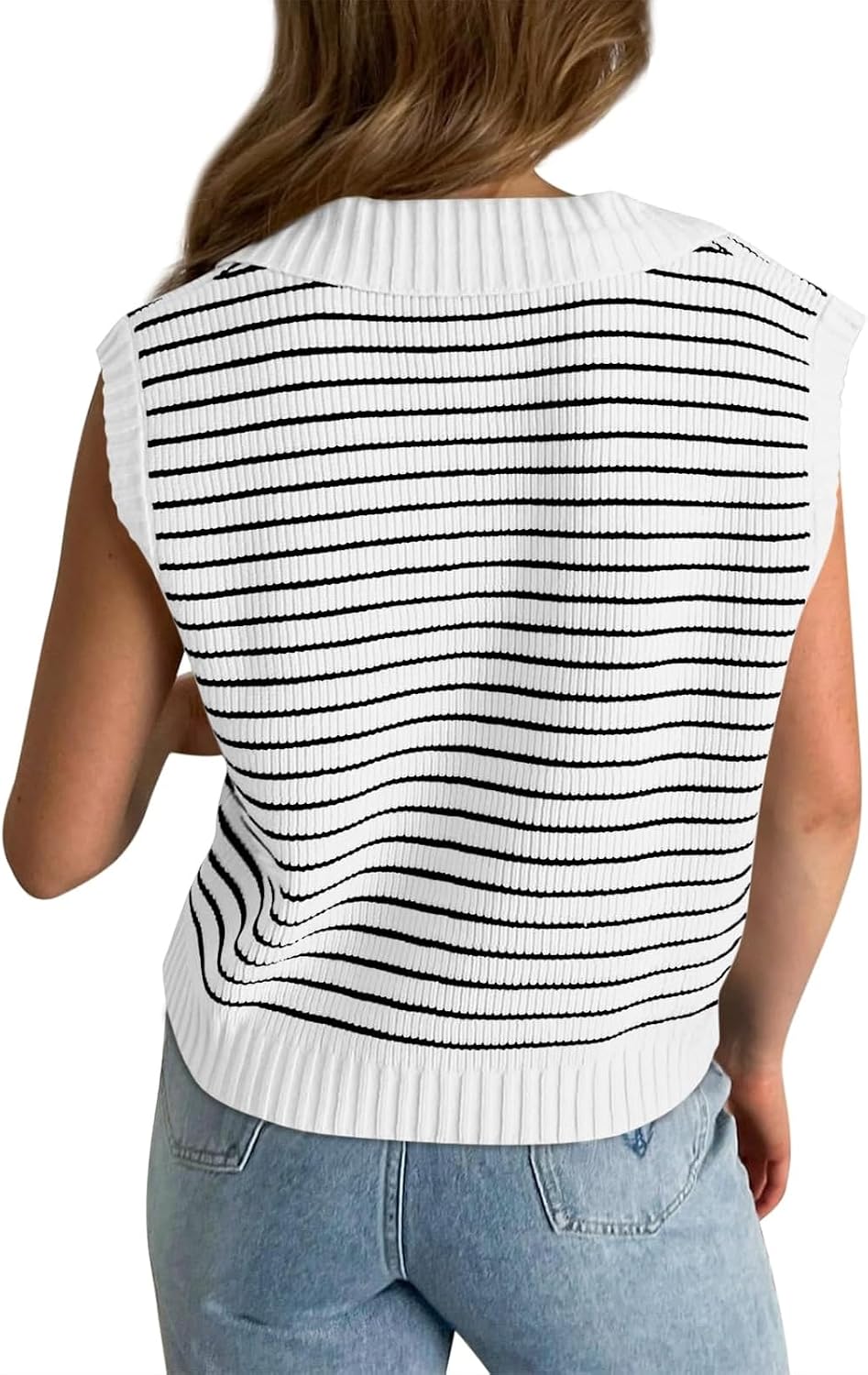 Womens Summer Cap Sleeve Tops 2025 V Neck Sleeveless Striped Knit Sweater Vest Casual Loose Fit Pullover Tops