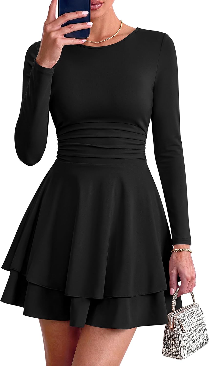 PRETTYGARDEN Womens Fit and Flare Crewneck Long Sleeve Mini Dress